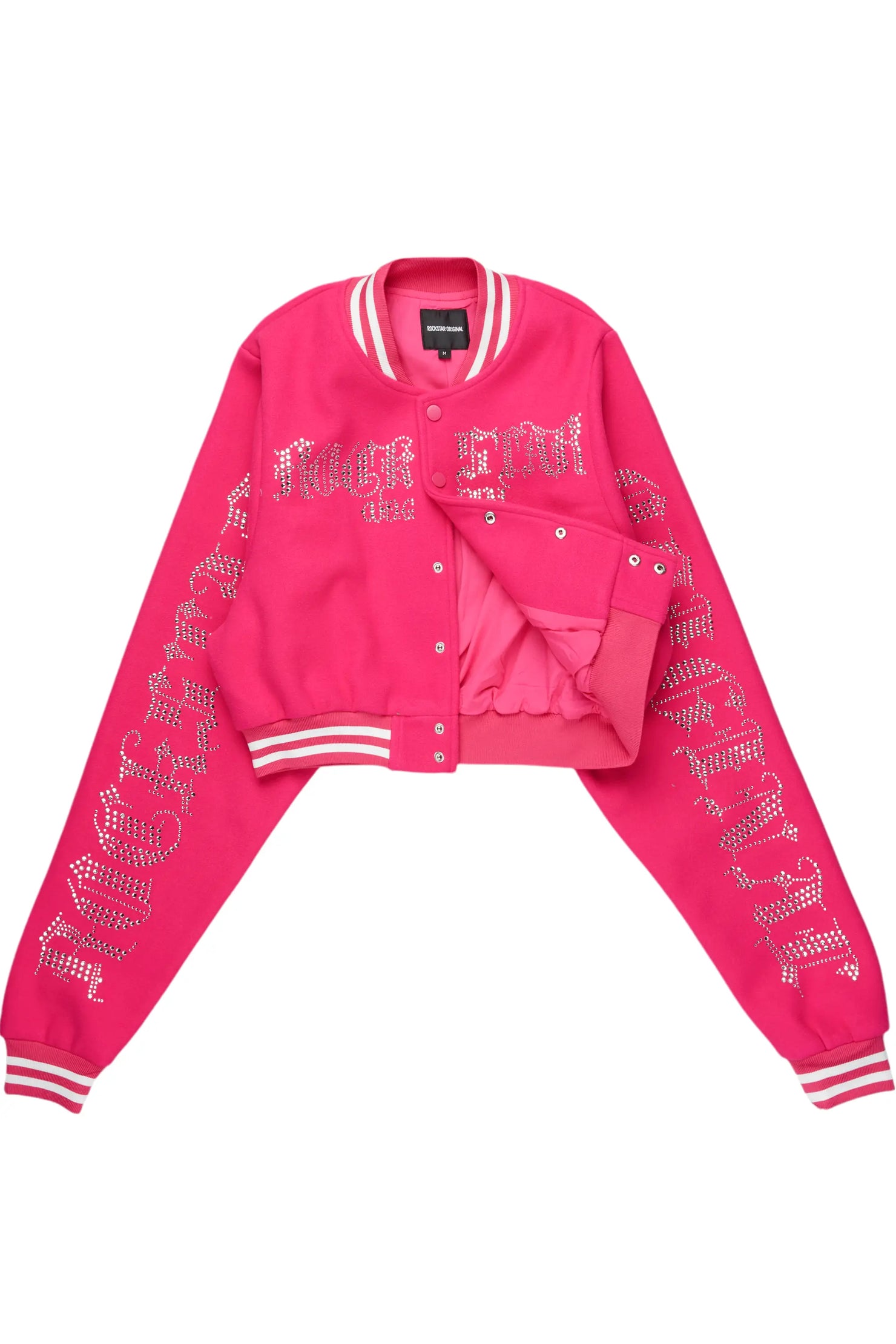 Gianni Hot Pink Crop Rhinestone Varsity Jacket