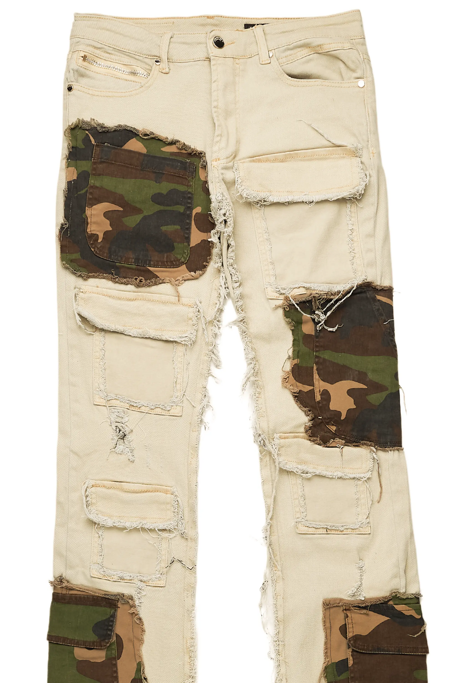 Heath Beige/Camo Patchwork Super Stacked Flare Jean