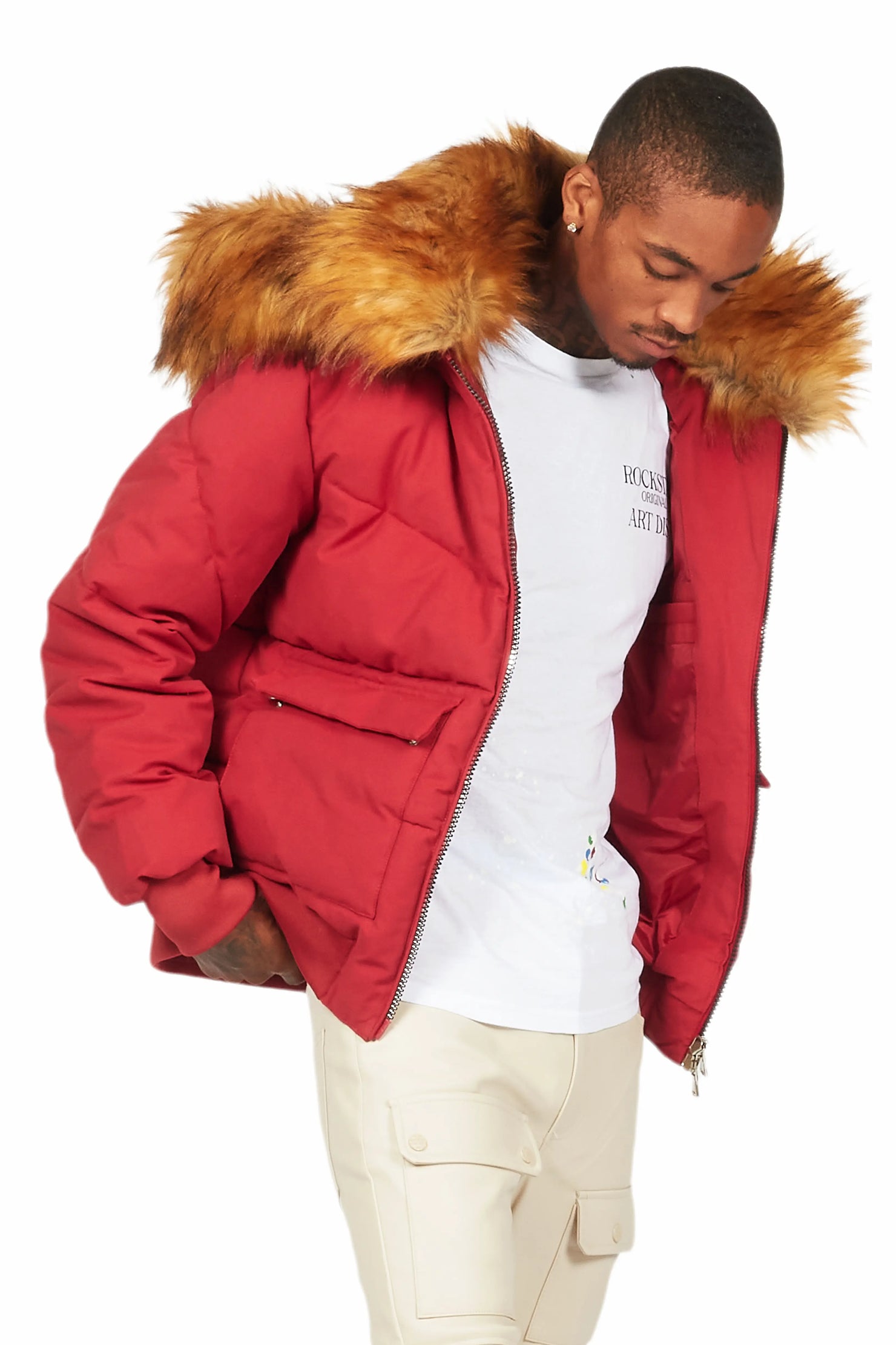 Langston Red Puffer Jacket with Fur Hood