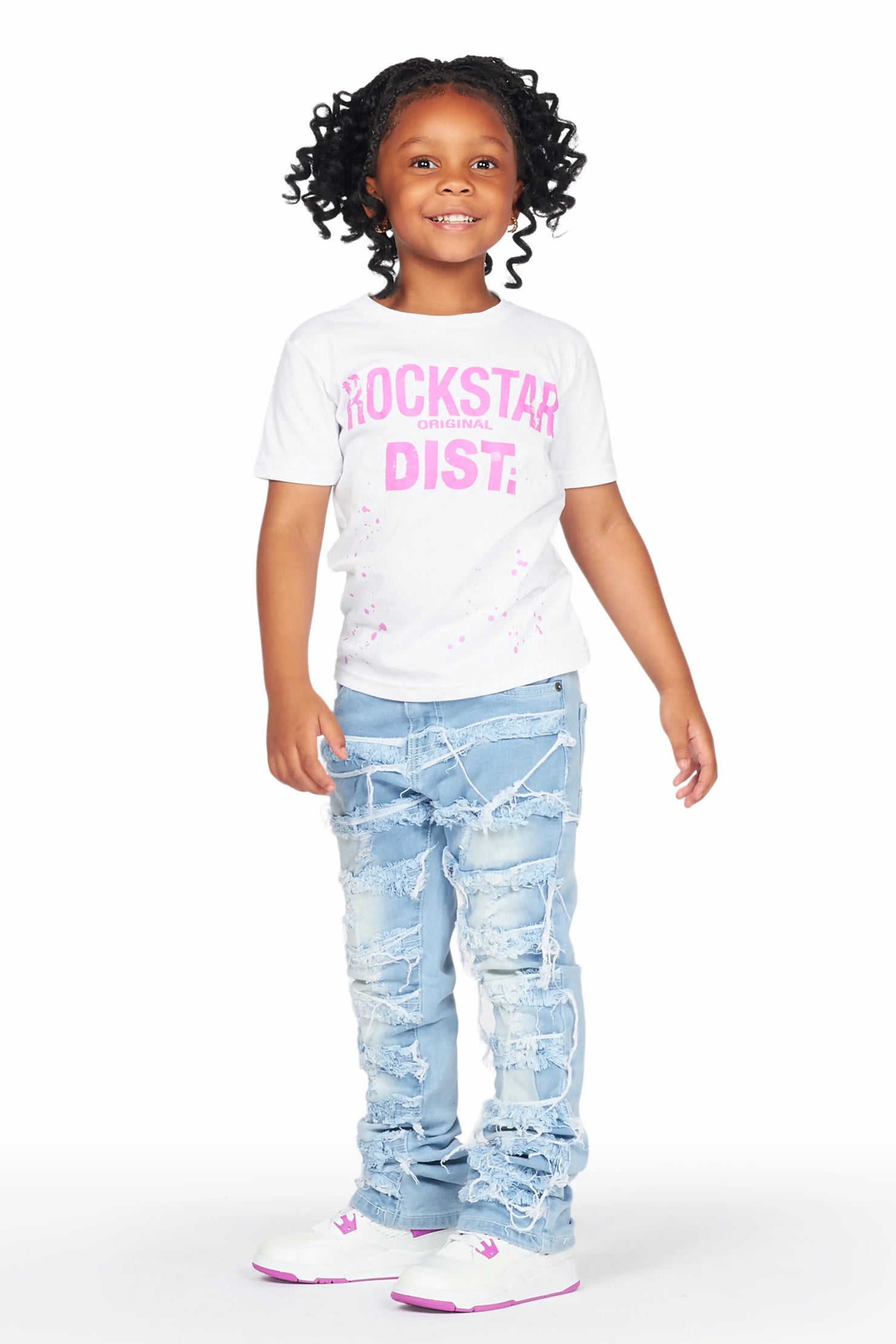 Girls Helia White/Blue T-Shirt/Stacked Flare Jean Set