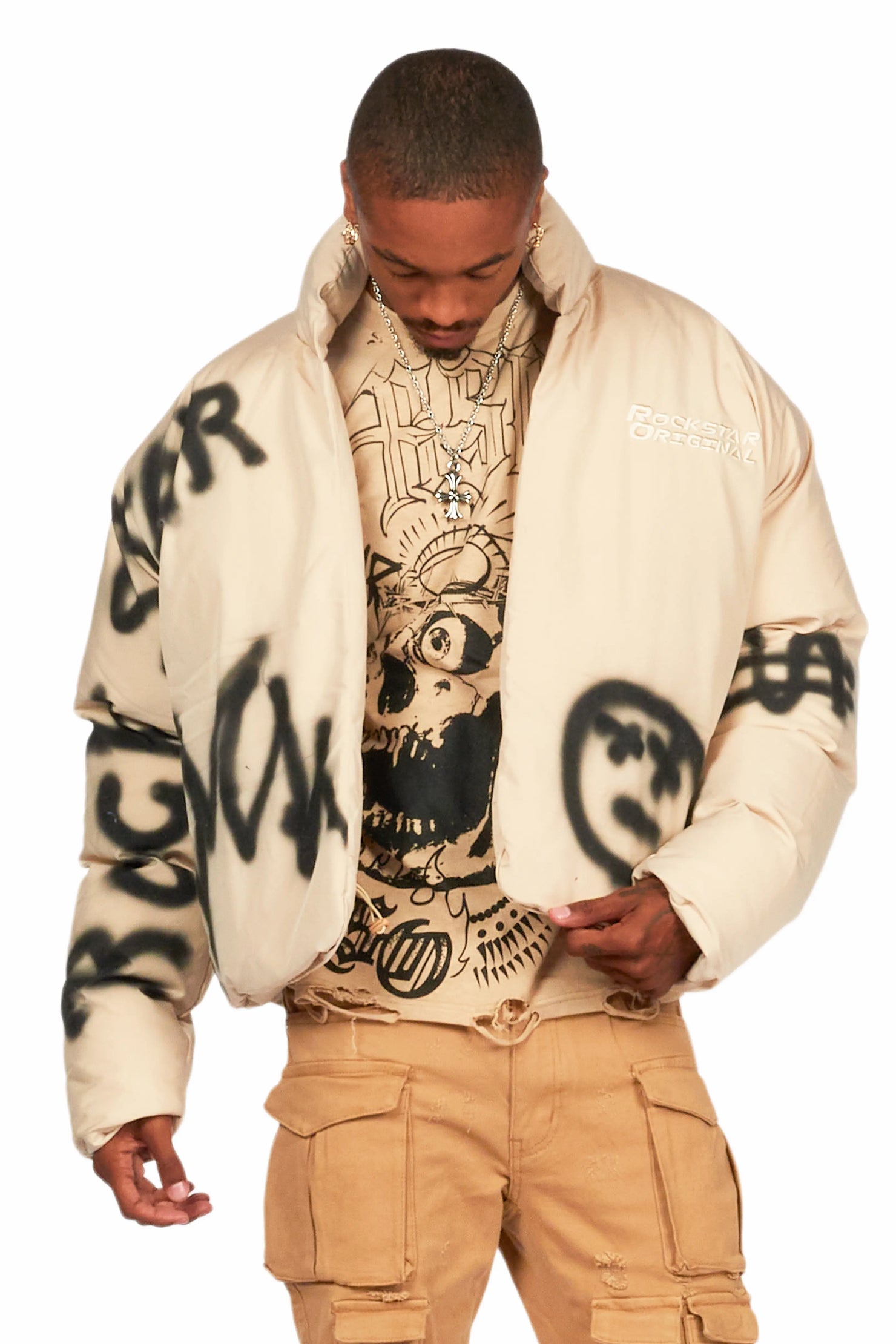 Keno Beige Graphic Puffer Jacket