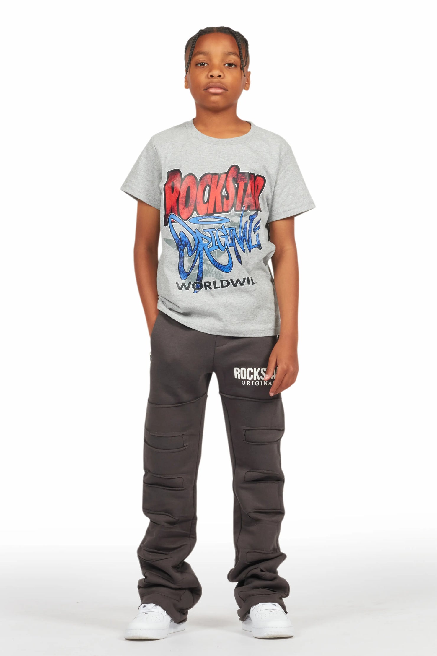 Boys Emilio Vintage Grey Stacked Flare Track Pant