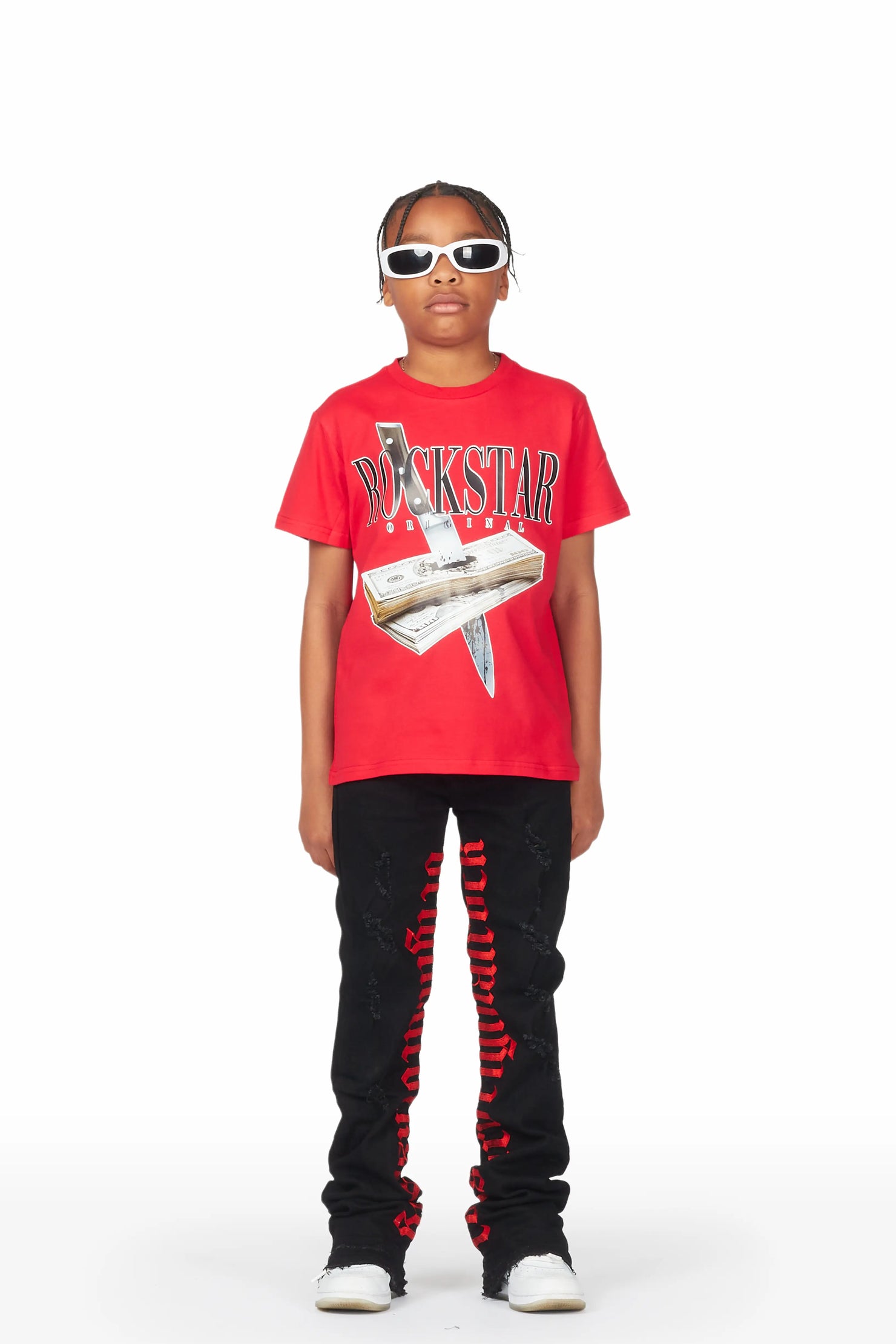 Boys Fynn Red/Black T-Shirt/Super Stacked Flare Jean