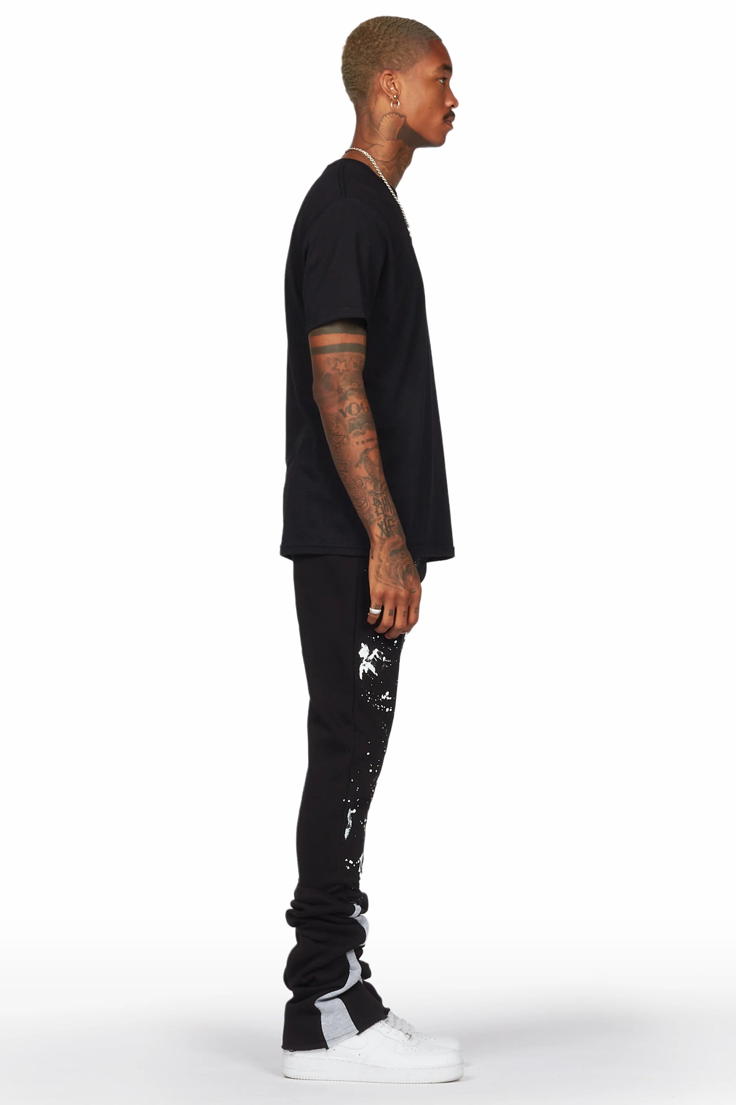 Damone Black Super Stacked Flare Track Pant