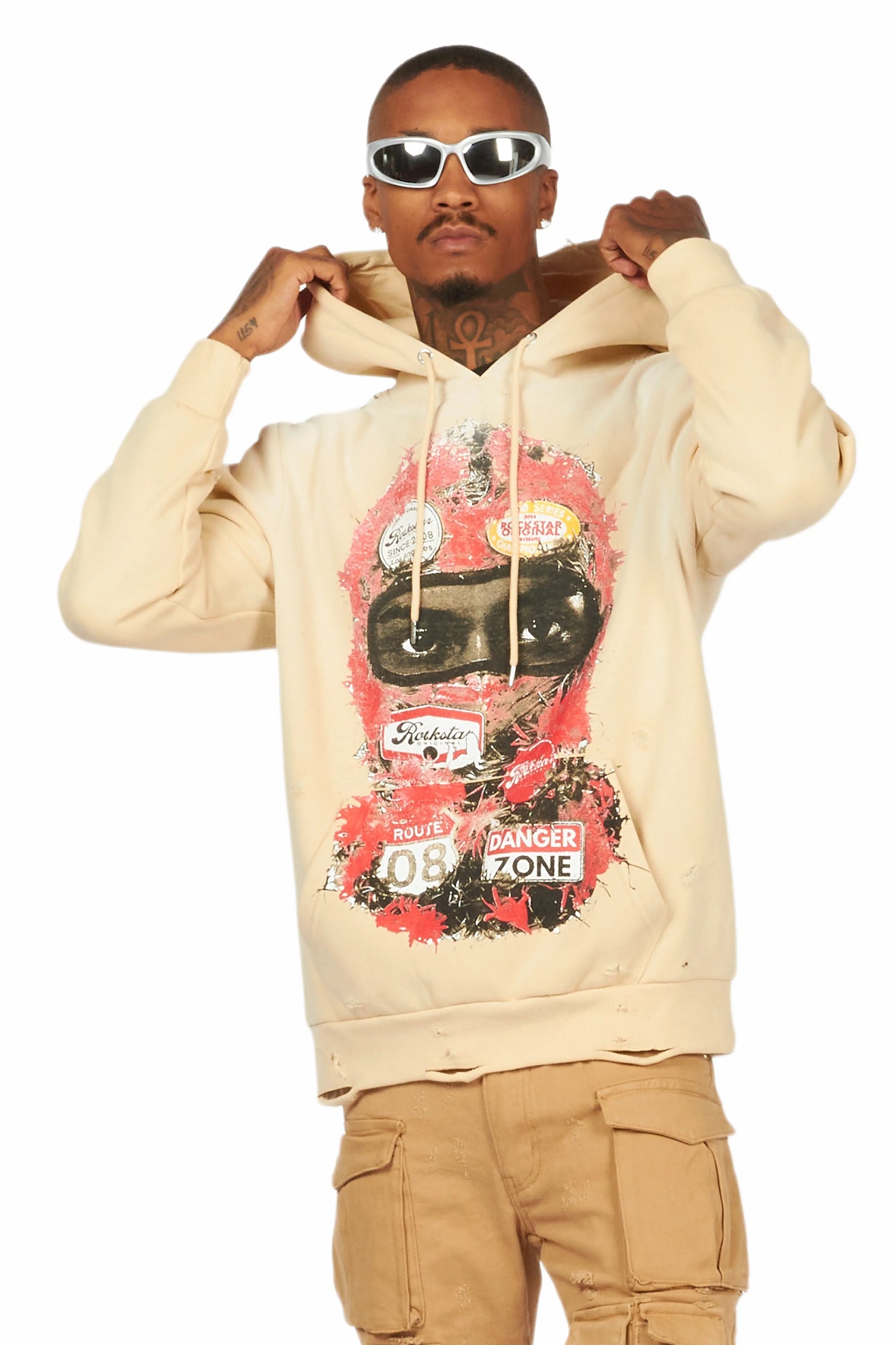 Lemar Beige Distressed Graphic Hoodie