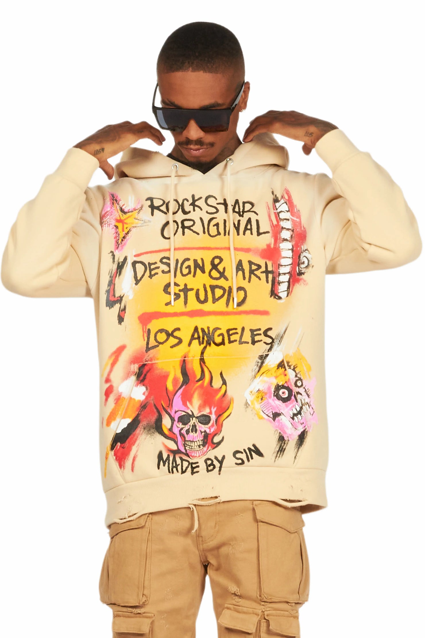 Soweto Beige Distressed Graphic Hoodie