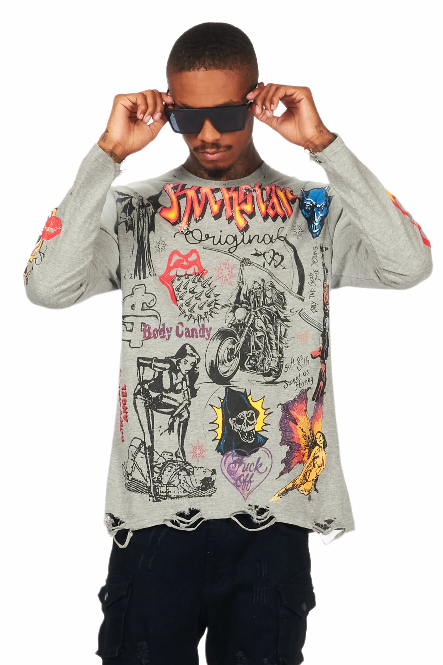 Shoota Heather Grey Long Sleeve Distressed Graphic T-Shirt