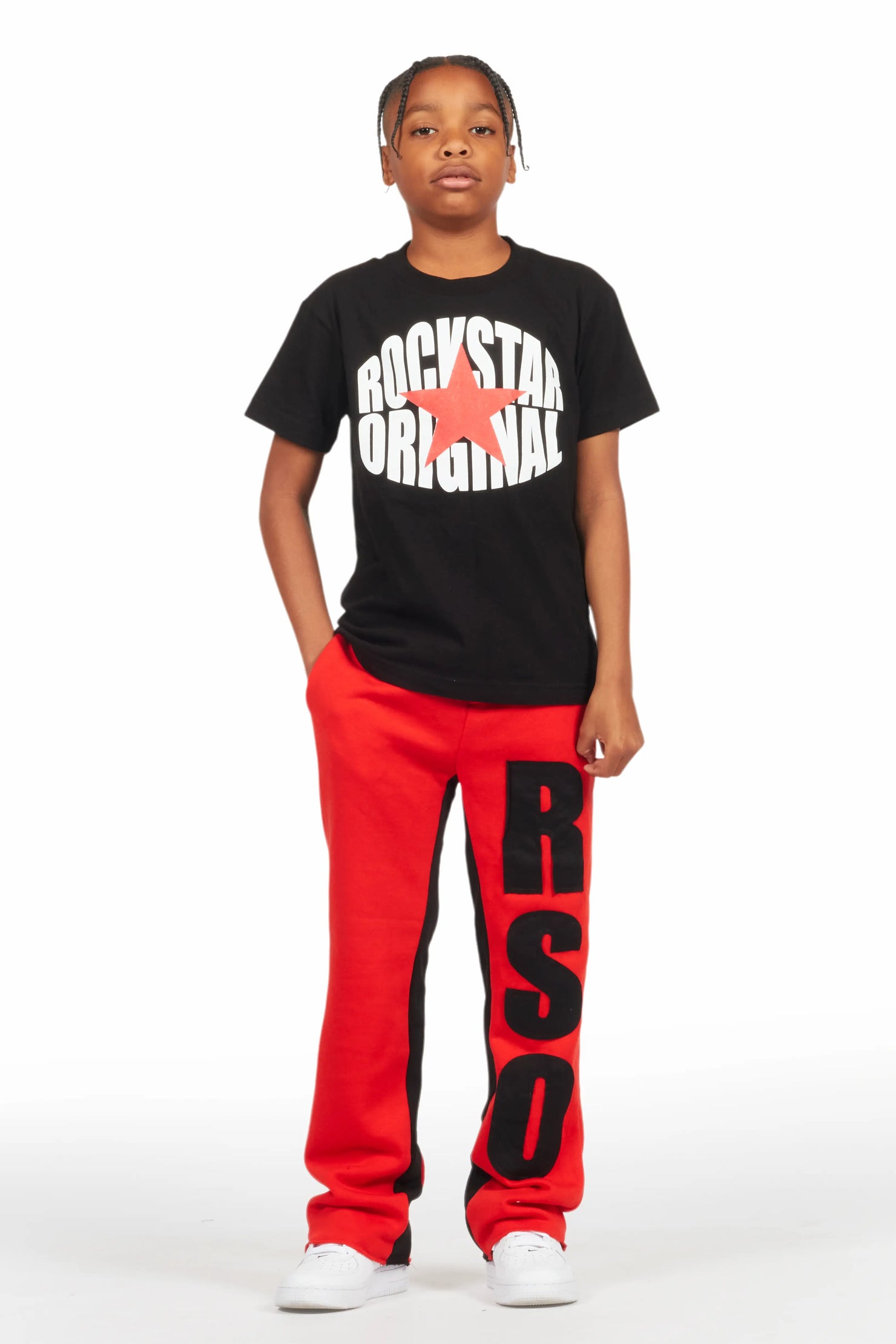 Boys Uko Red Stacked Baggy Flare Pant