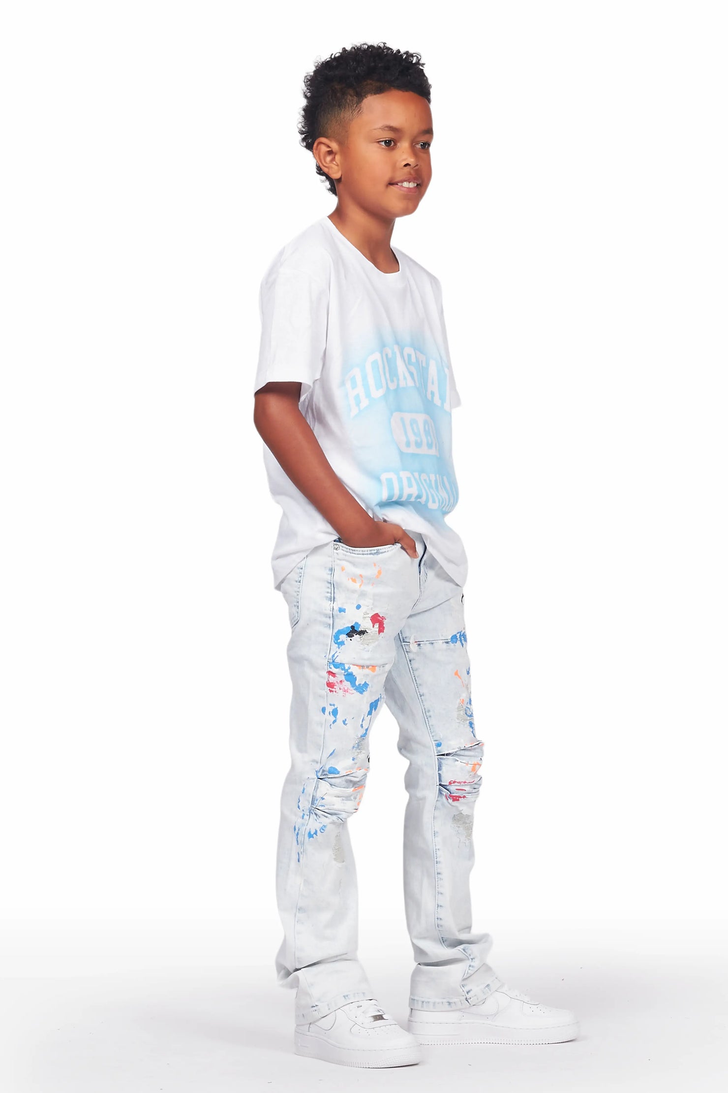 Boys Urian White/Blue T-Shirt/Stacked Flare Jean Set