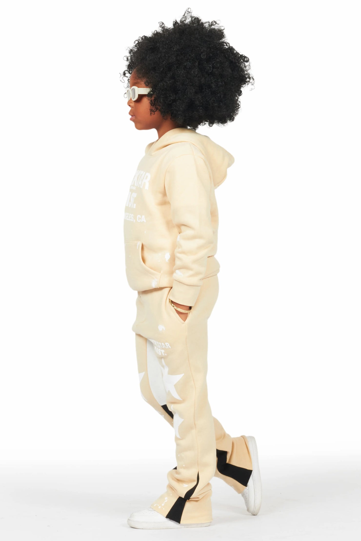 Girls Harlow Beige Hoodie Stacked Flare Track Set