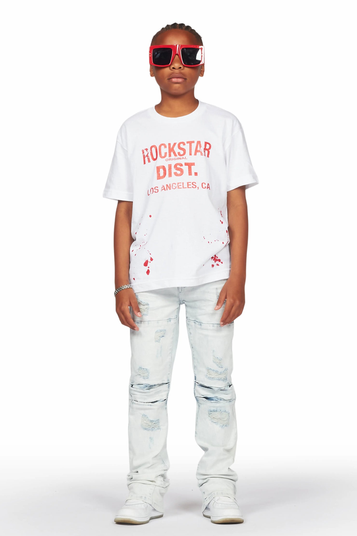 Boys Yasir White/Light Blue T-Shirt/Stacked Flare Jean Set