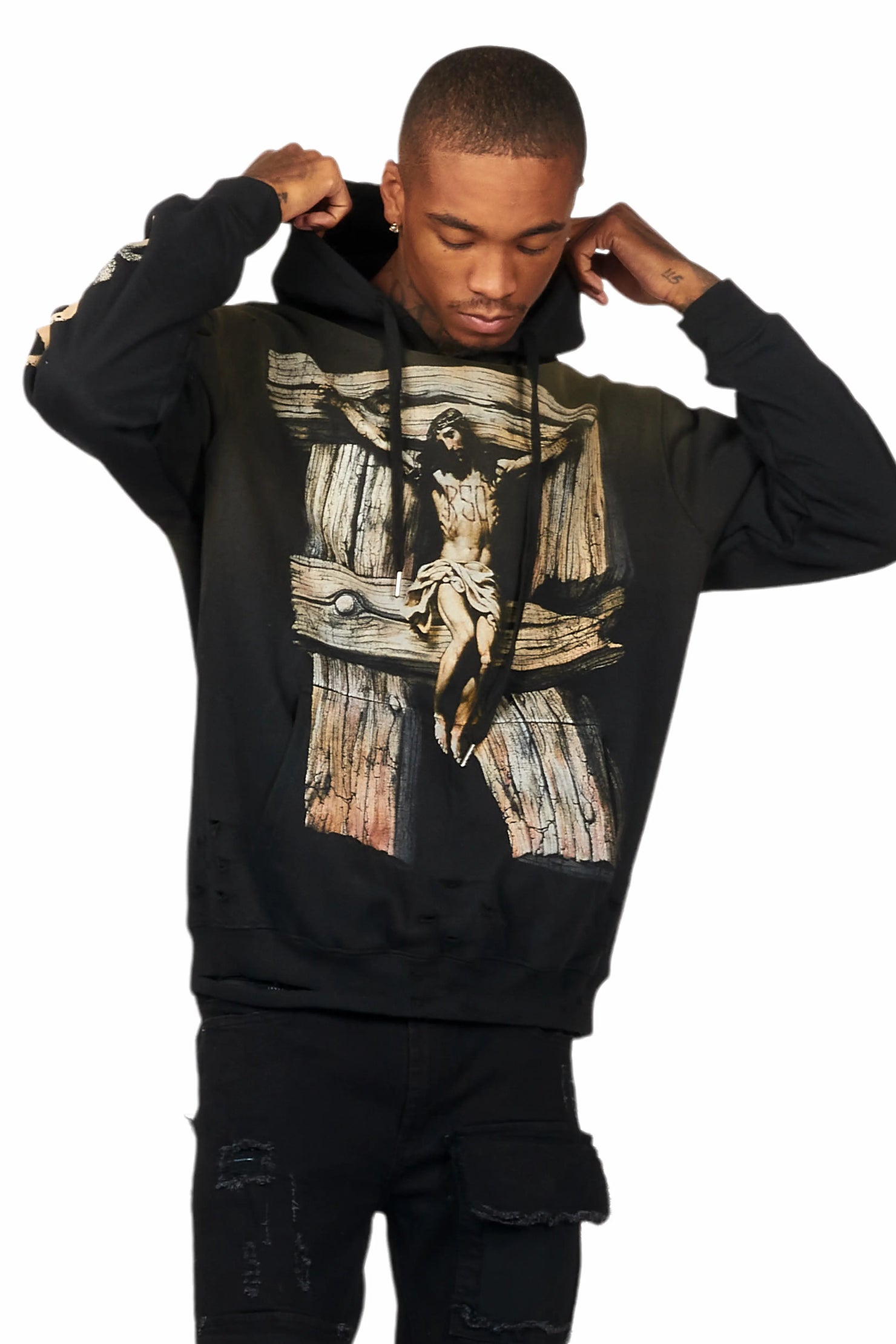 Panos Black Graphic Distressed Hoodie