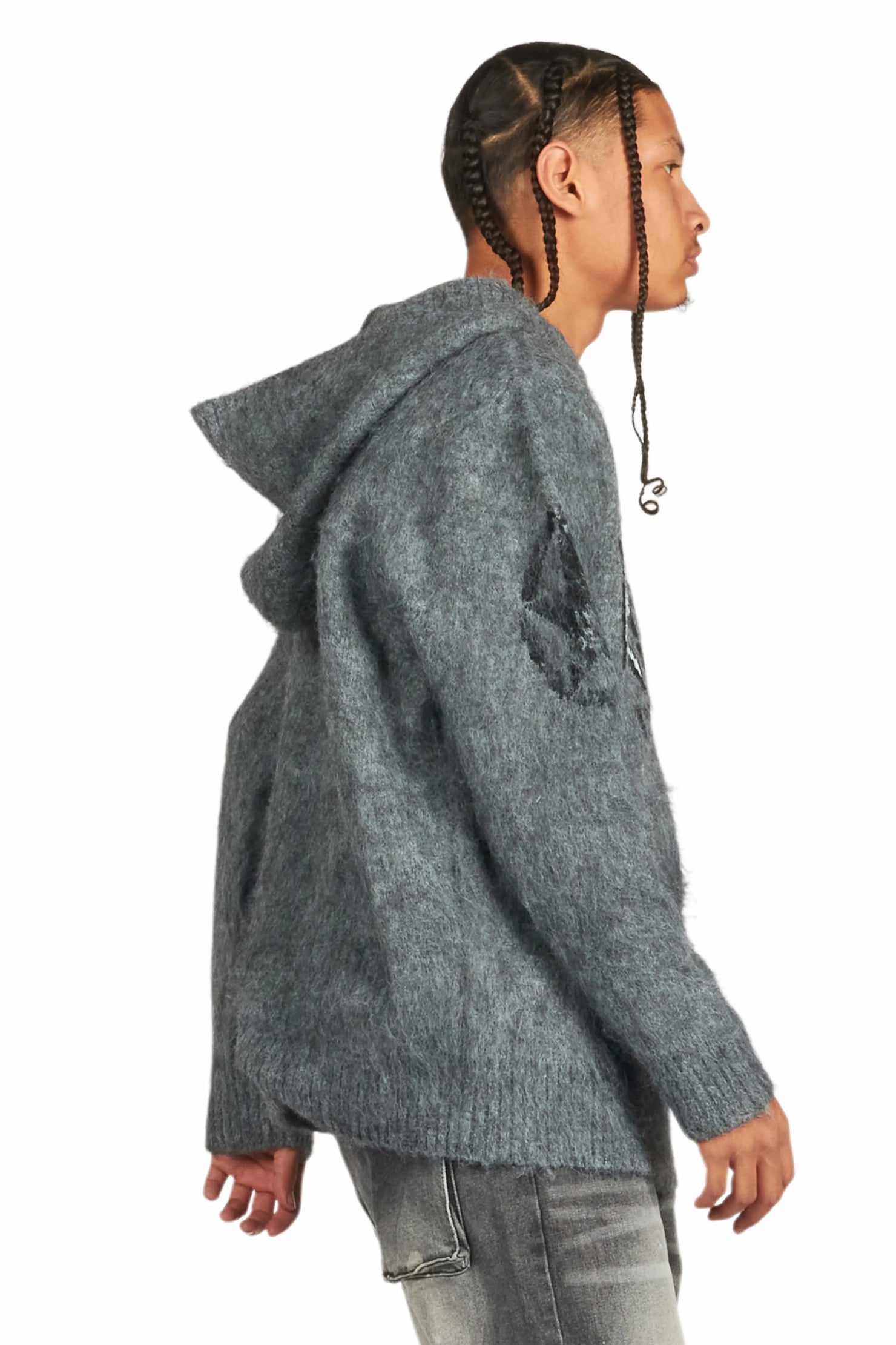 Wizzurd Grey Graphic Knitted Mohair Hoodie