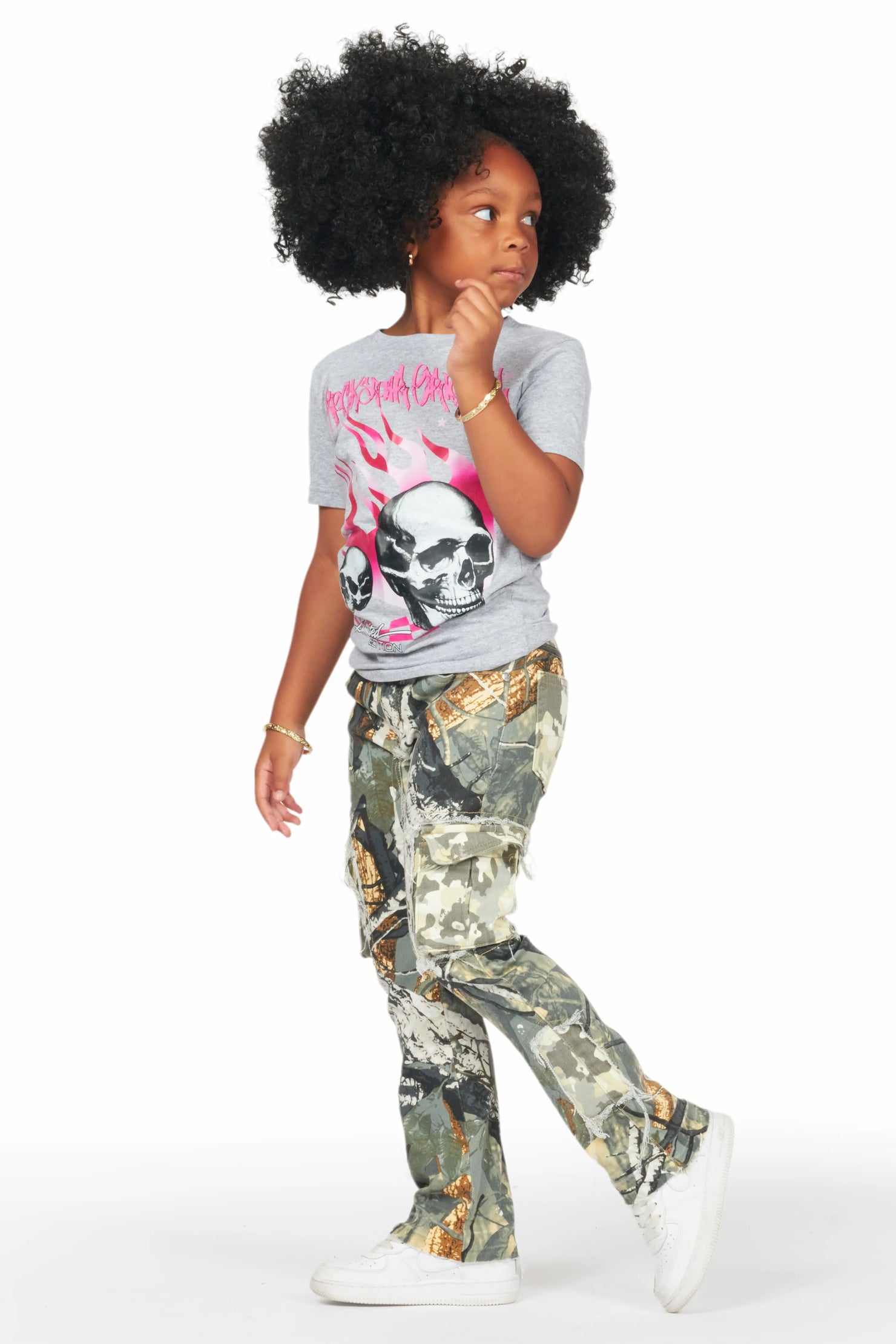 Girls Talie Tree Camo T-Shirt/Stacked Flare Jean Set