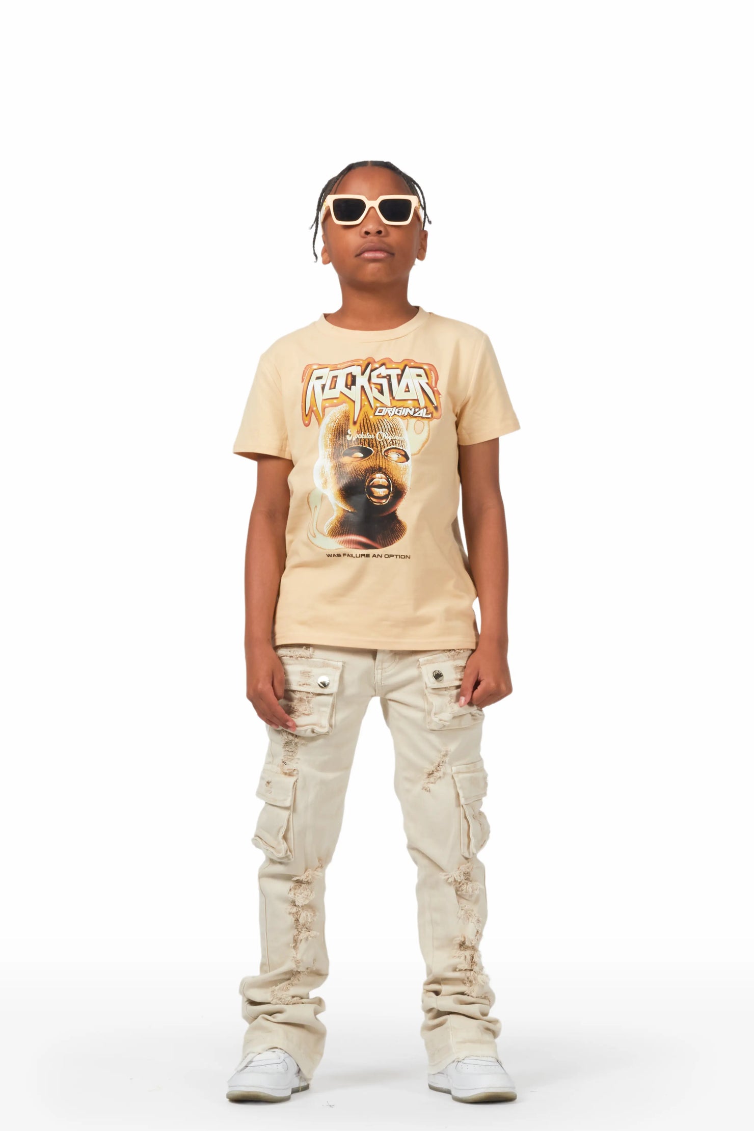 Boys Zaire Beige Cargo Super Stacked Flare Jean