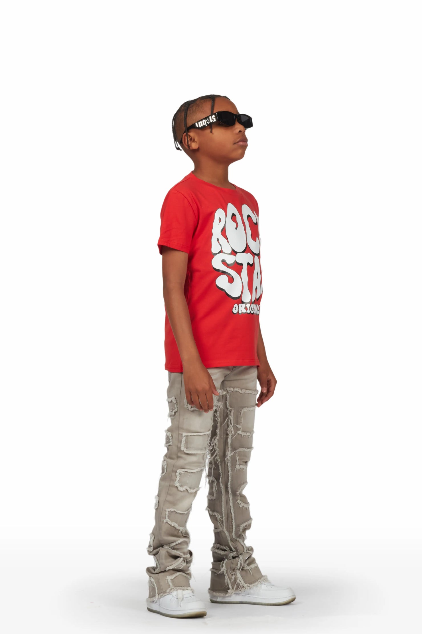 Boys Royston Grey/Red T-Shirt/Super Stacked Flare Jean Set