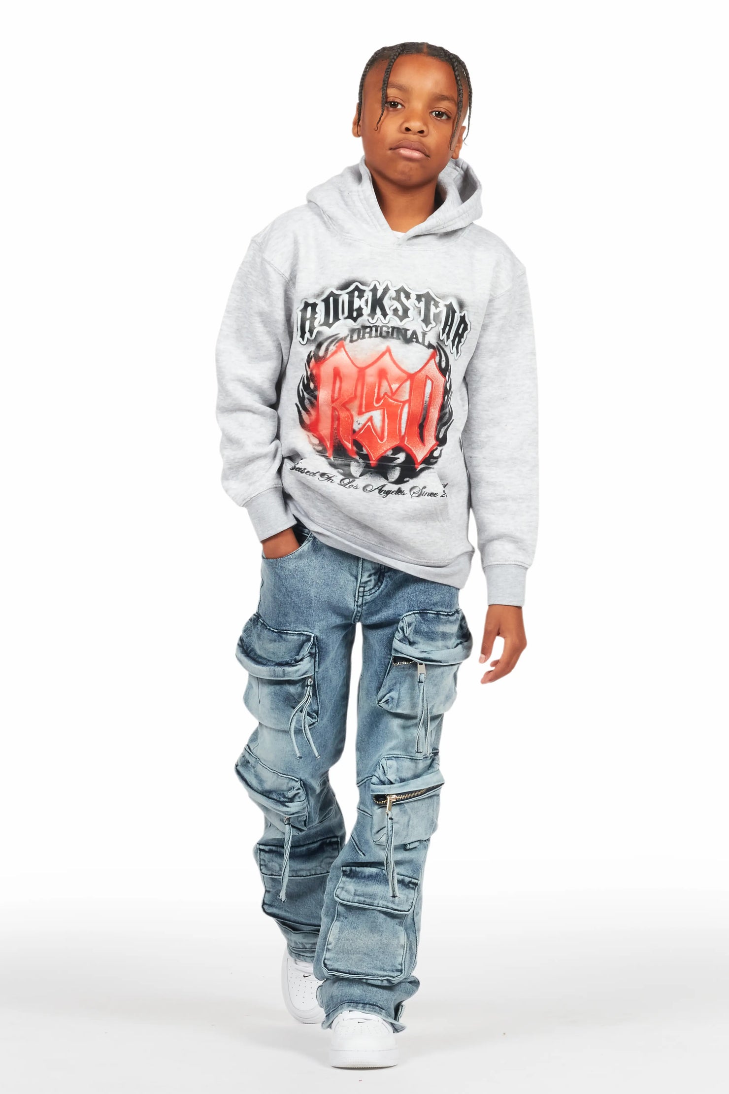 Boys Boaz Heather Grey Hoodie/Stacked Flare Jean Set