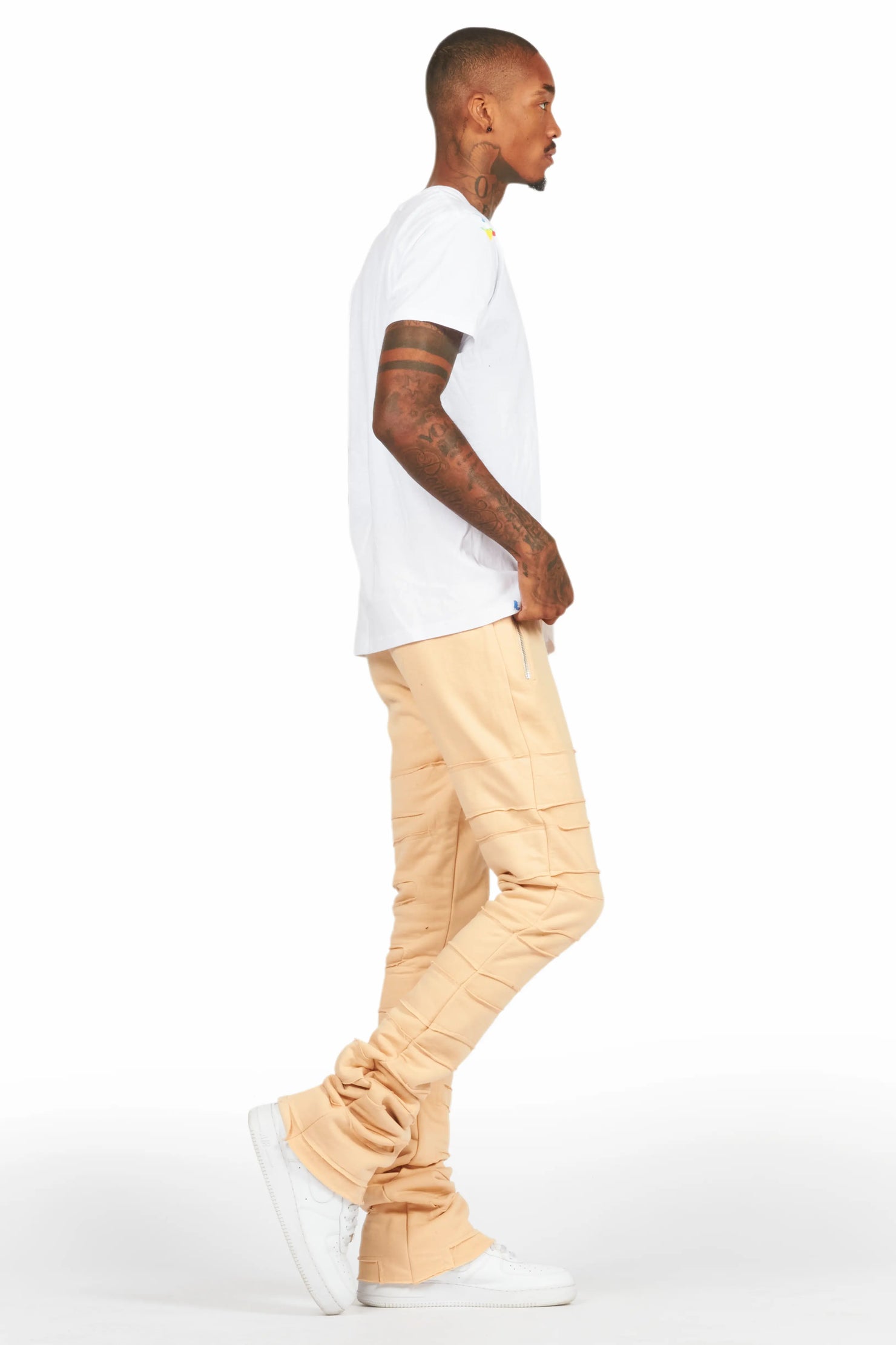 Emilio Beige Stacked Flare Track Pant