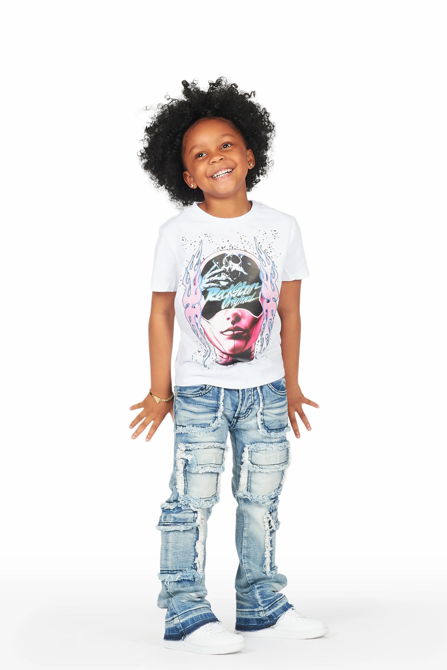 Girls Medora White/Blue T-Shirt Stacked Flare Jean Set