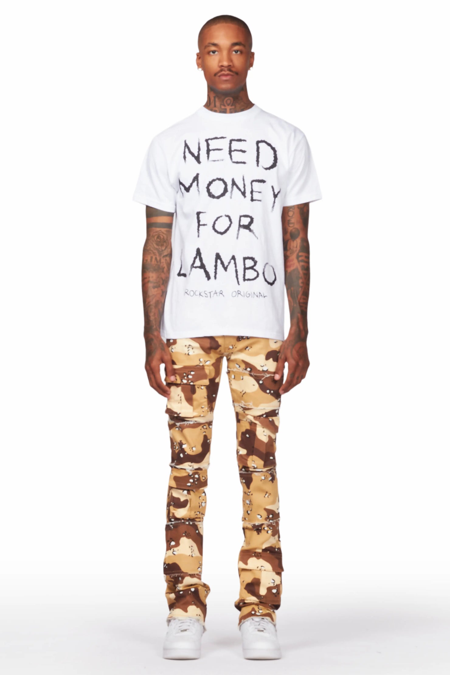 Duggar Beige Camo Cargo Stacked Flare Jean