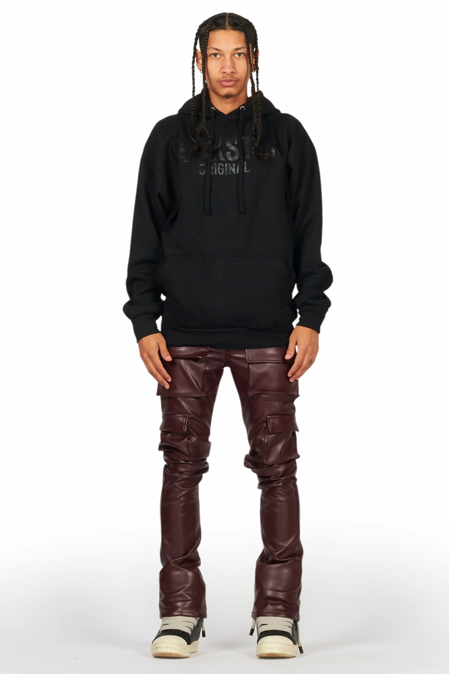 Kap Burgundy Stacked Flare Faux Leather Jean