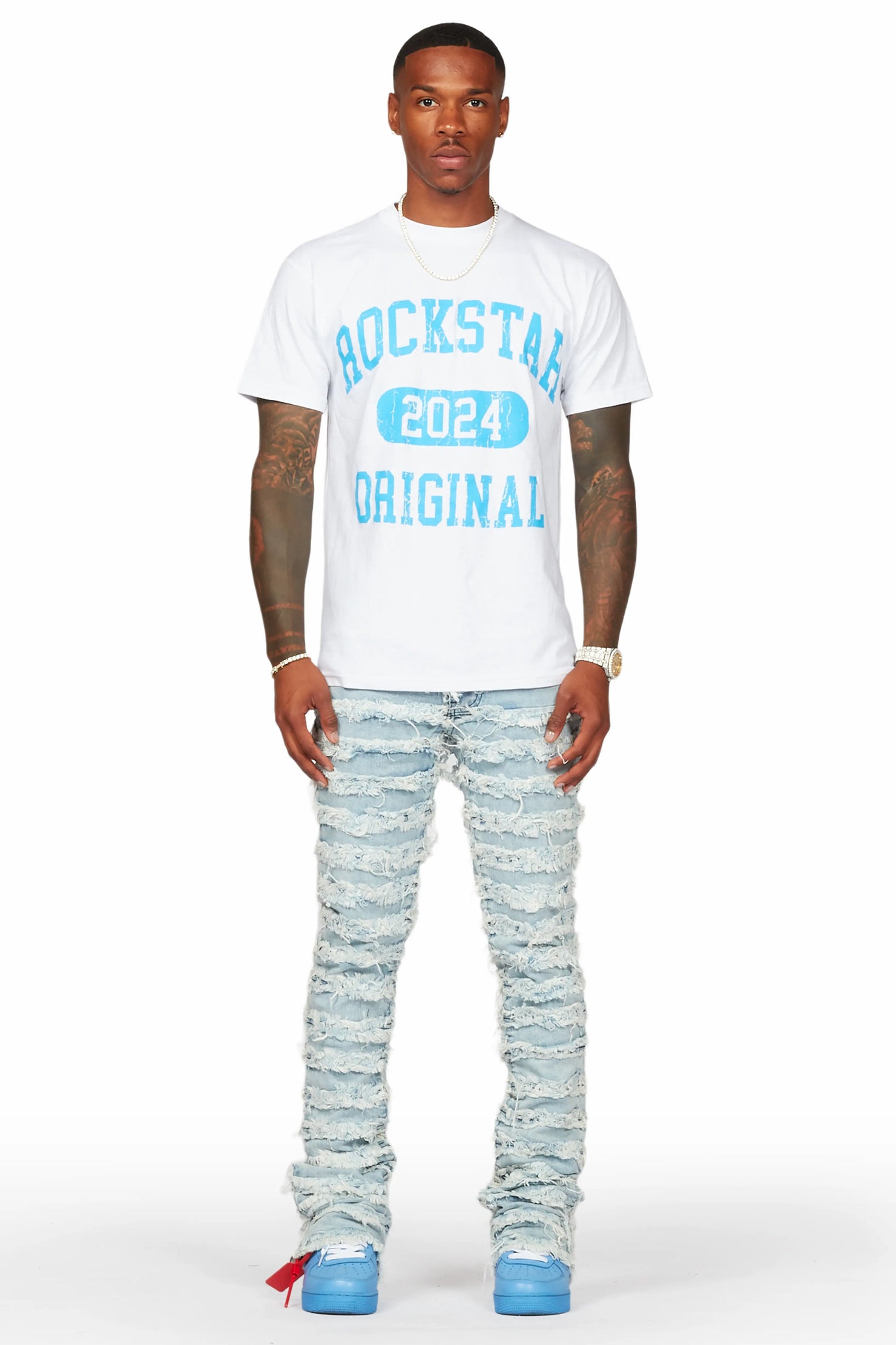 Members White T-Shirt & Ayan Blue Stacked Flare Jean