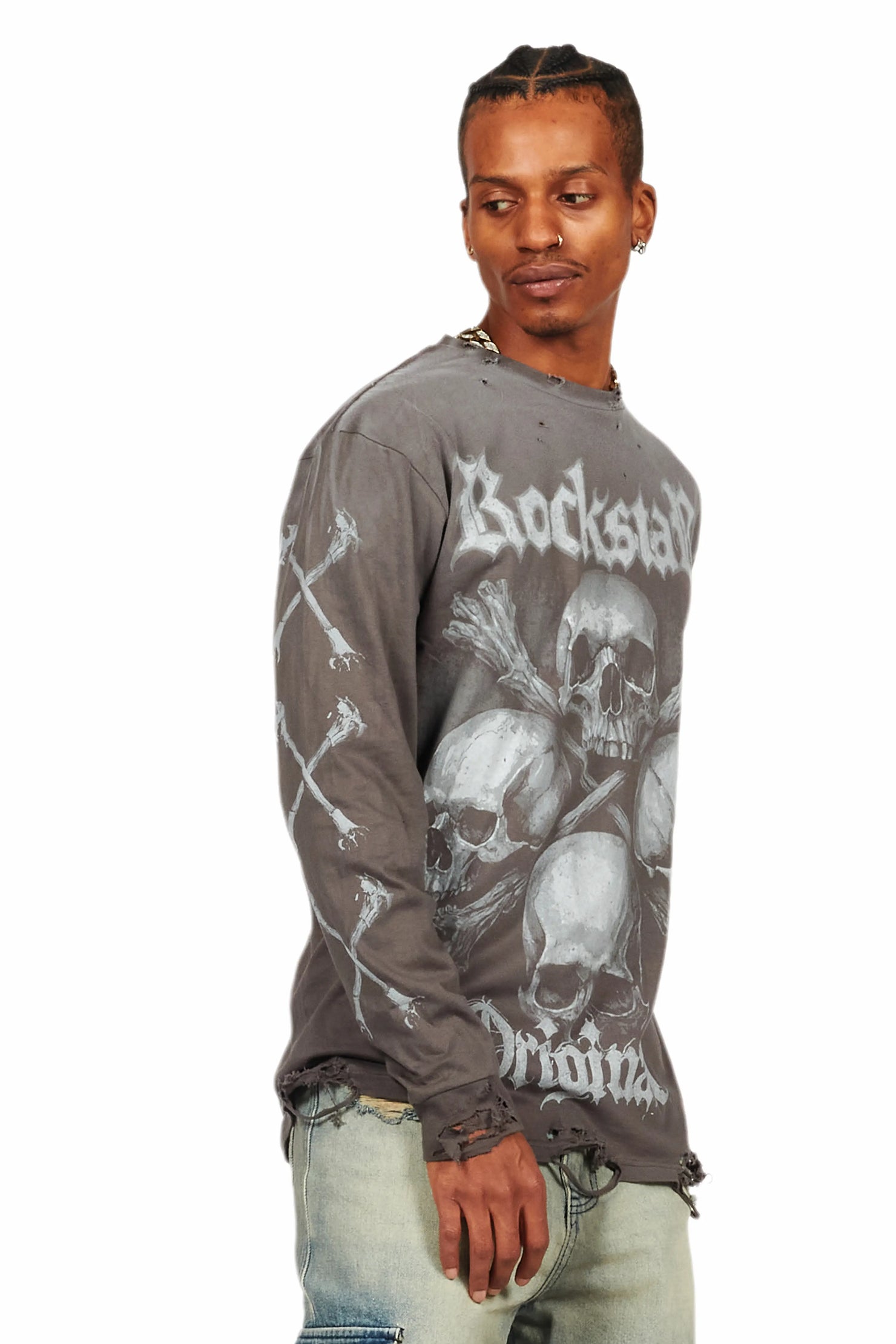 Skulls Charcoal Long Sleeve Graphic T-Shirt