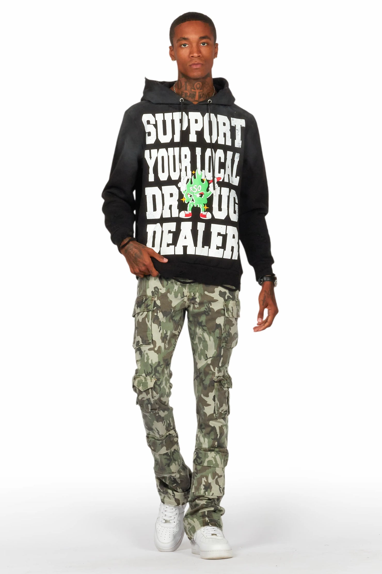 Yves Green Camo Stacked Flare Cargo Jean