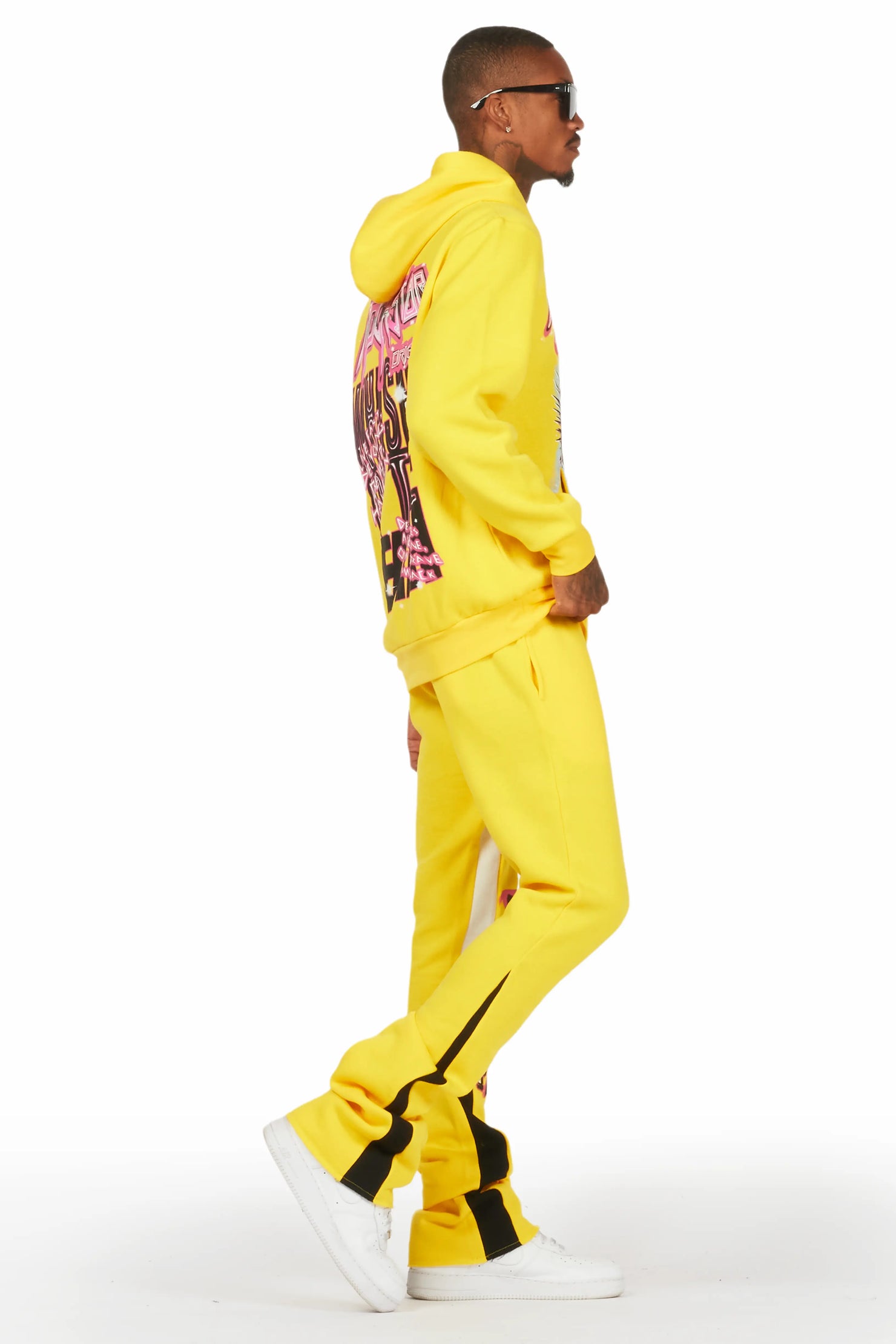 Obern Yellow Graphic Hoodie/Stacked Flare Pant Track Set