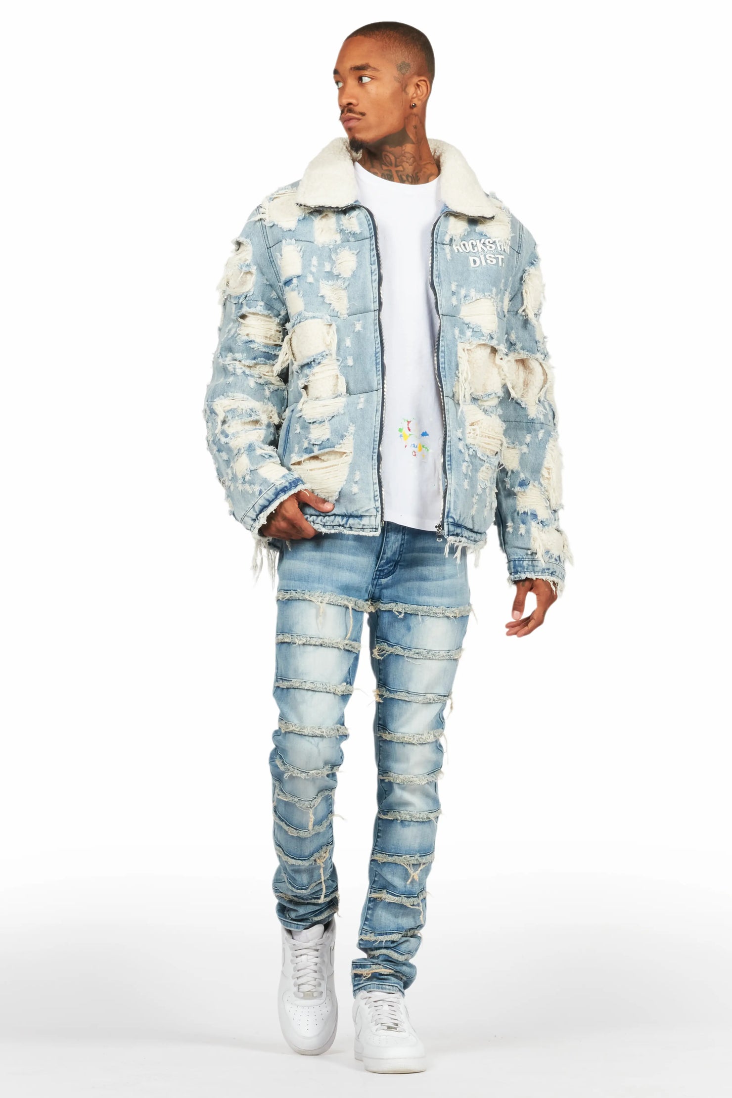 Faro Blue Denim Sherpa Puffer Jacket