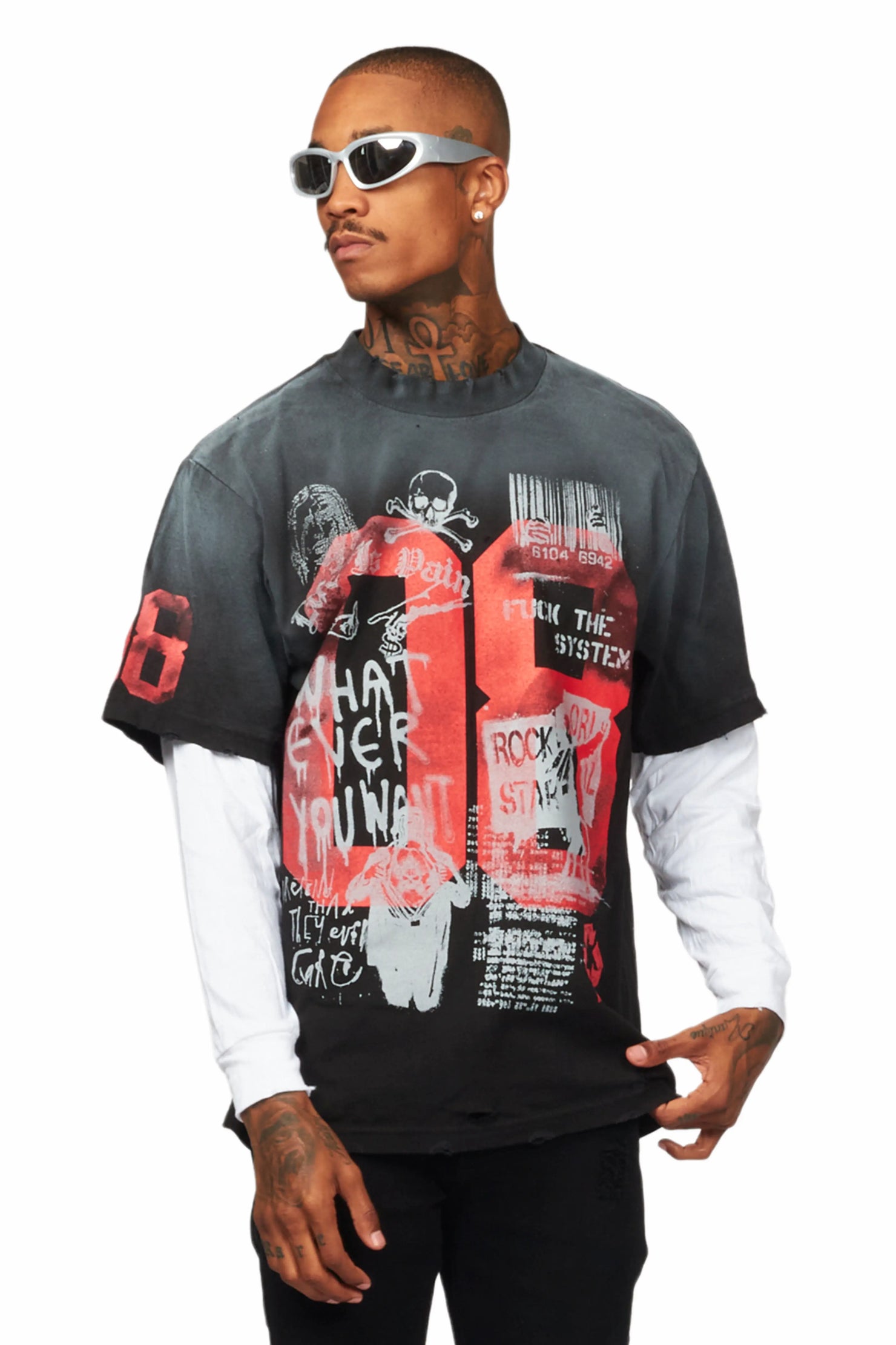 Grill Black Double Layer Long Sleeve Graphic T-Shirt