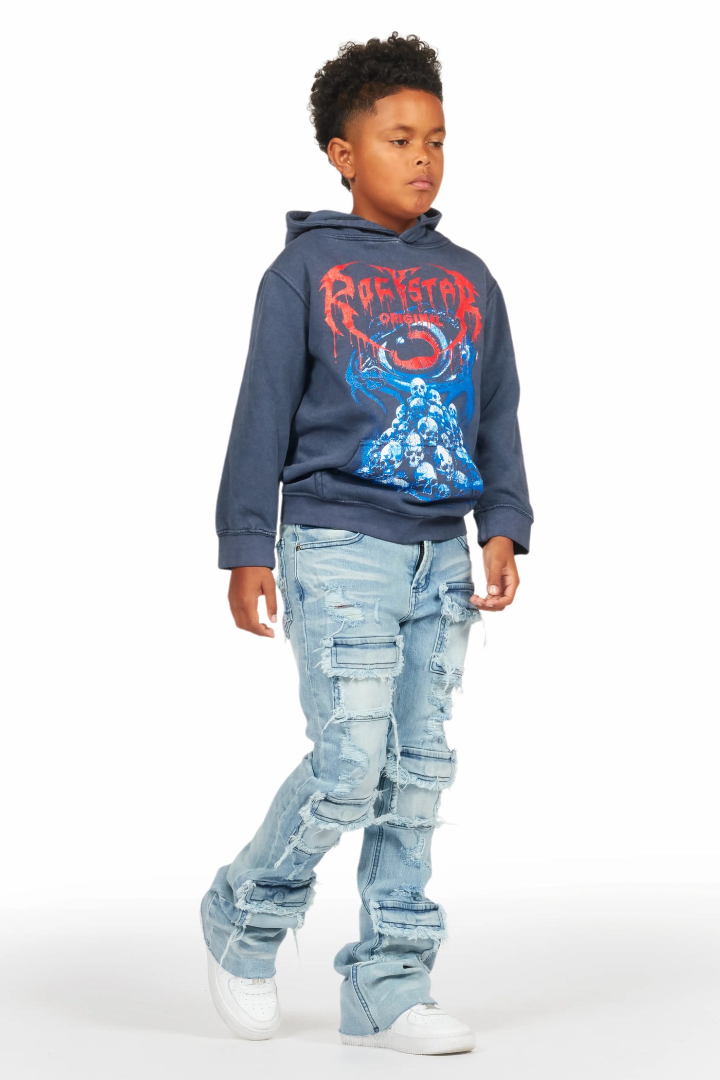 Boys Vicious Vintage Navy Hoodie/Stacked Flare Jean Set