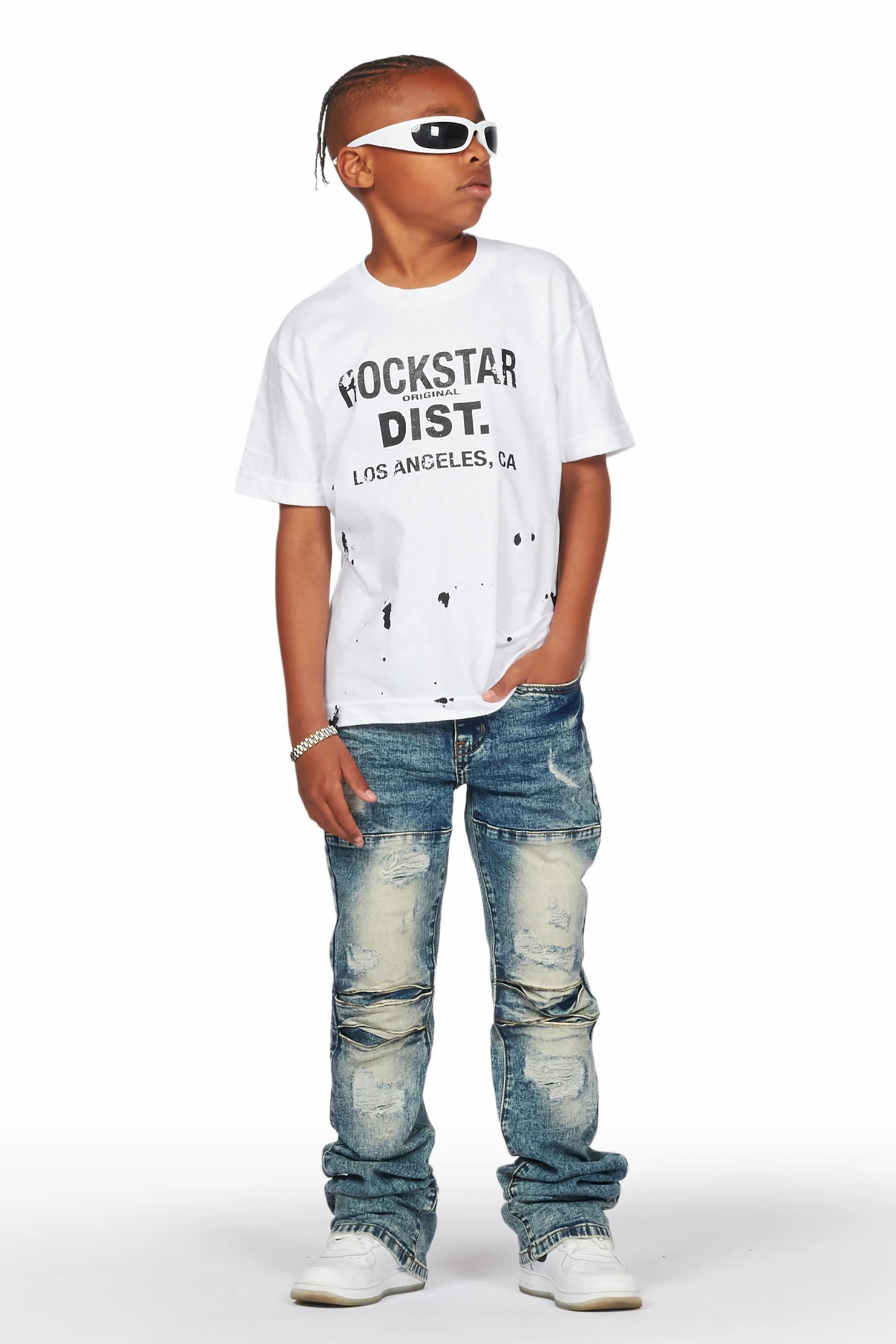 Boys Yasir White/Vintage T-Shirt/Stacked Flare Jean Set