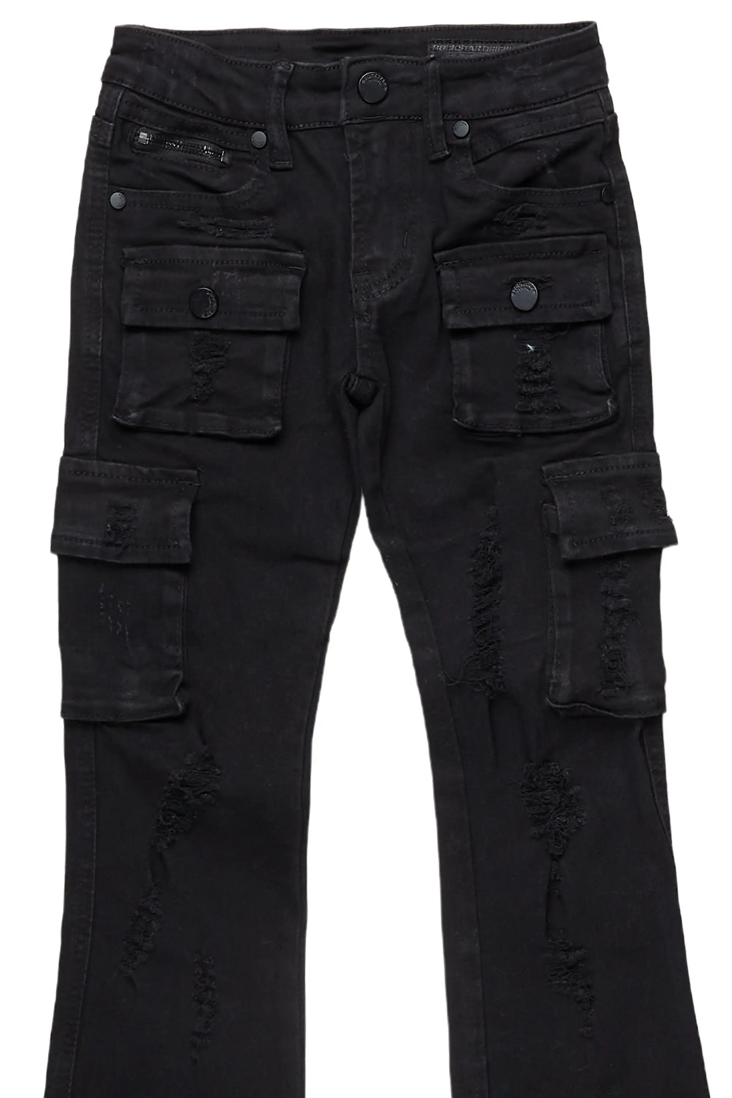 Boys Zaire Black Cargo Stacked Flare Jean