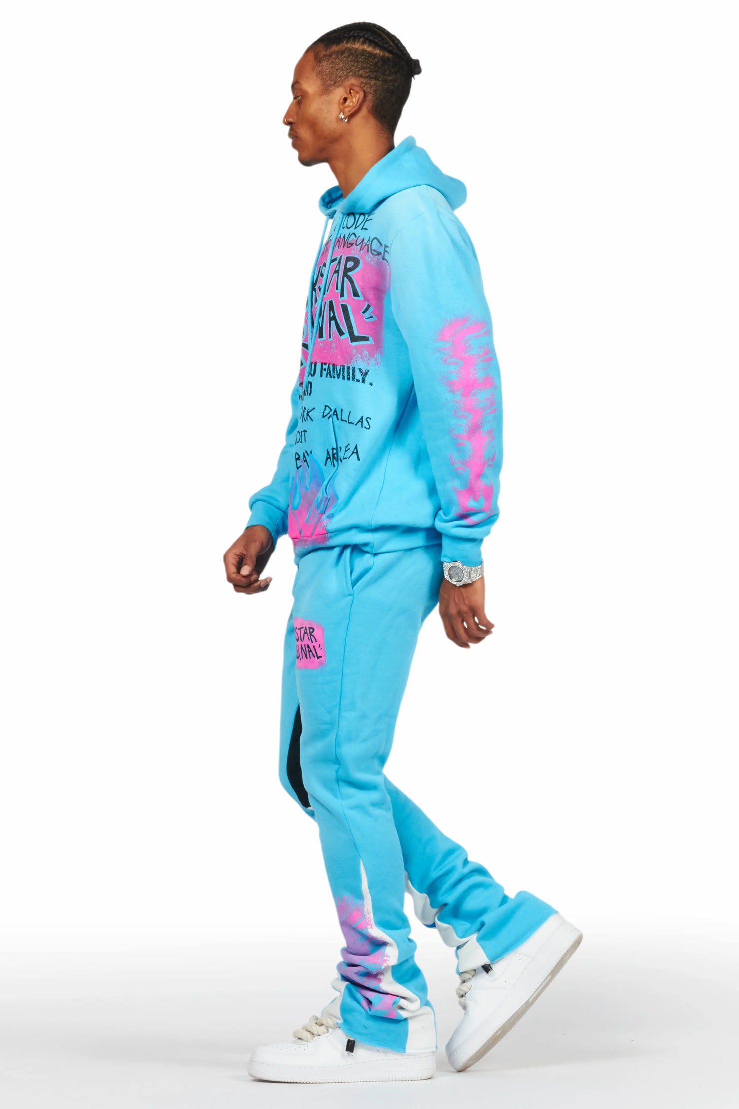 Beno Blue Stacked Flare Hoodie Track Set