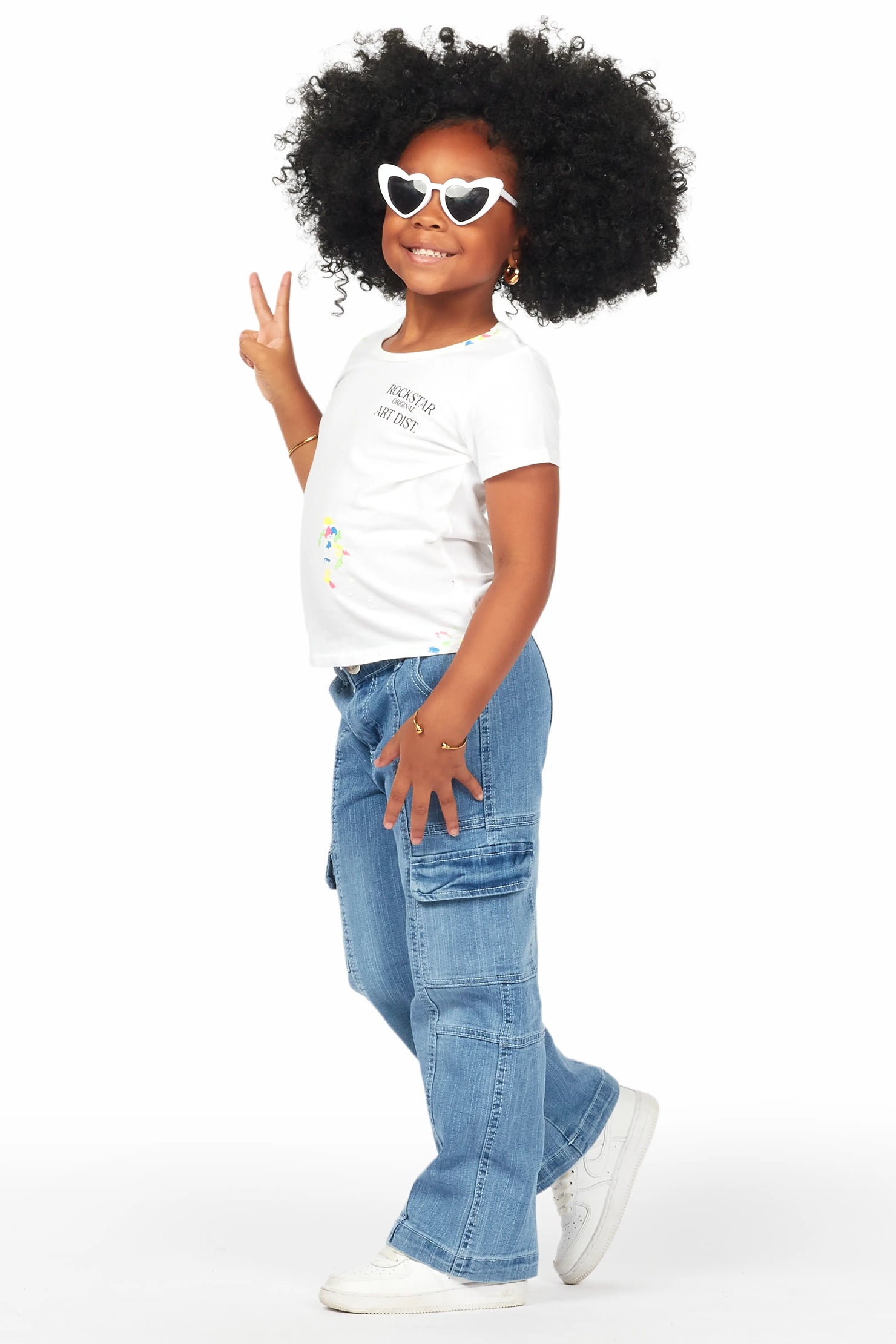 Girls Fatma White T-Shirt Wide Leg Cargo Jean Set