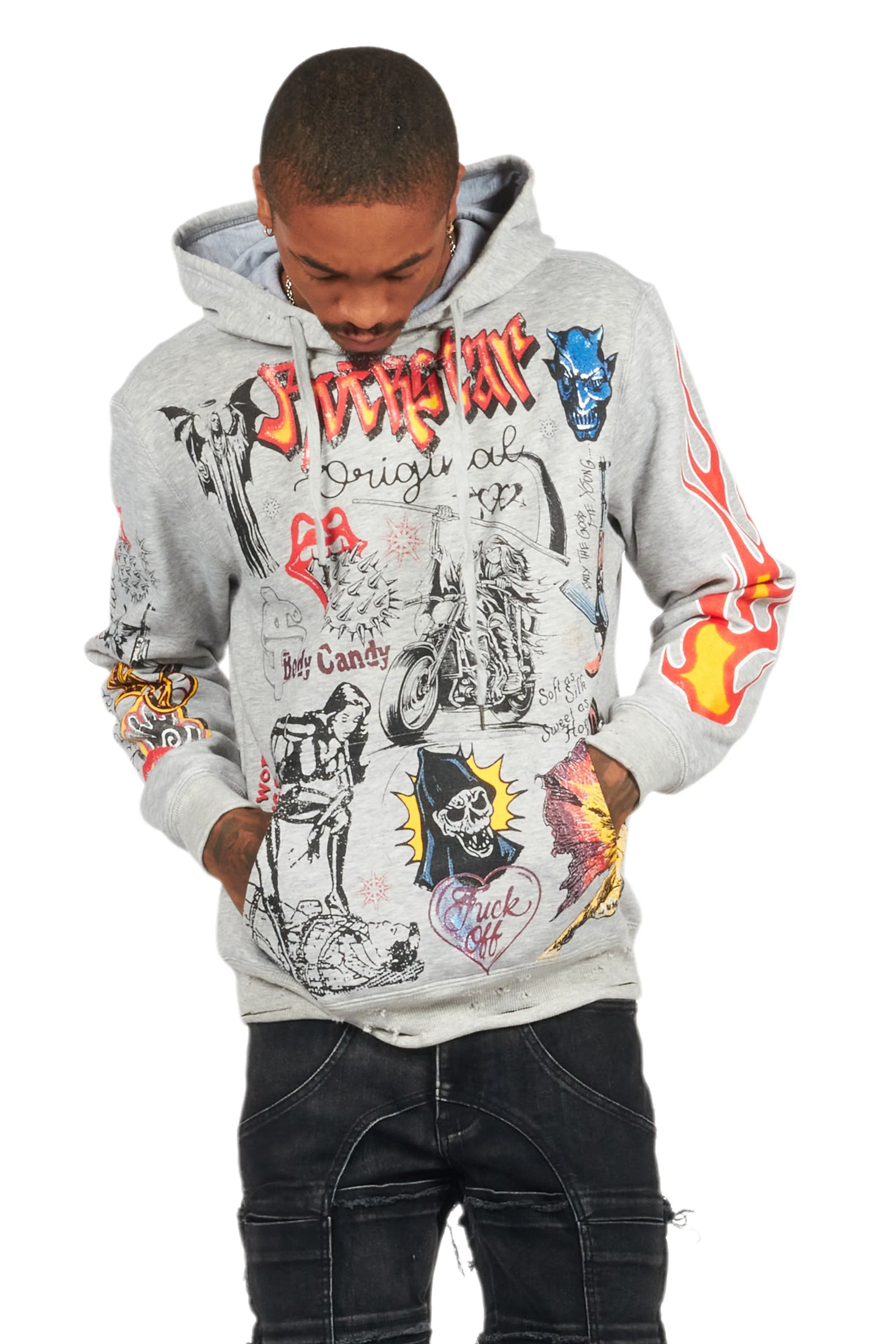 Shoota Heather Grey Distressed Graphic Hoodie