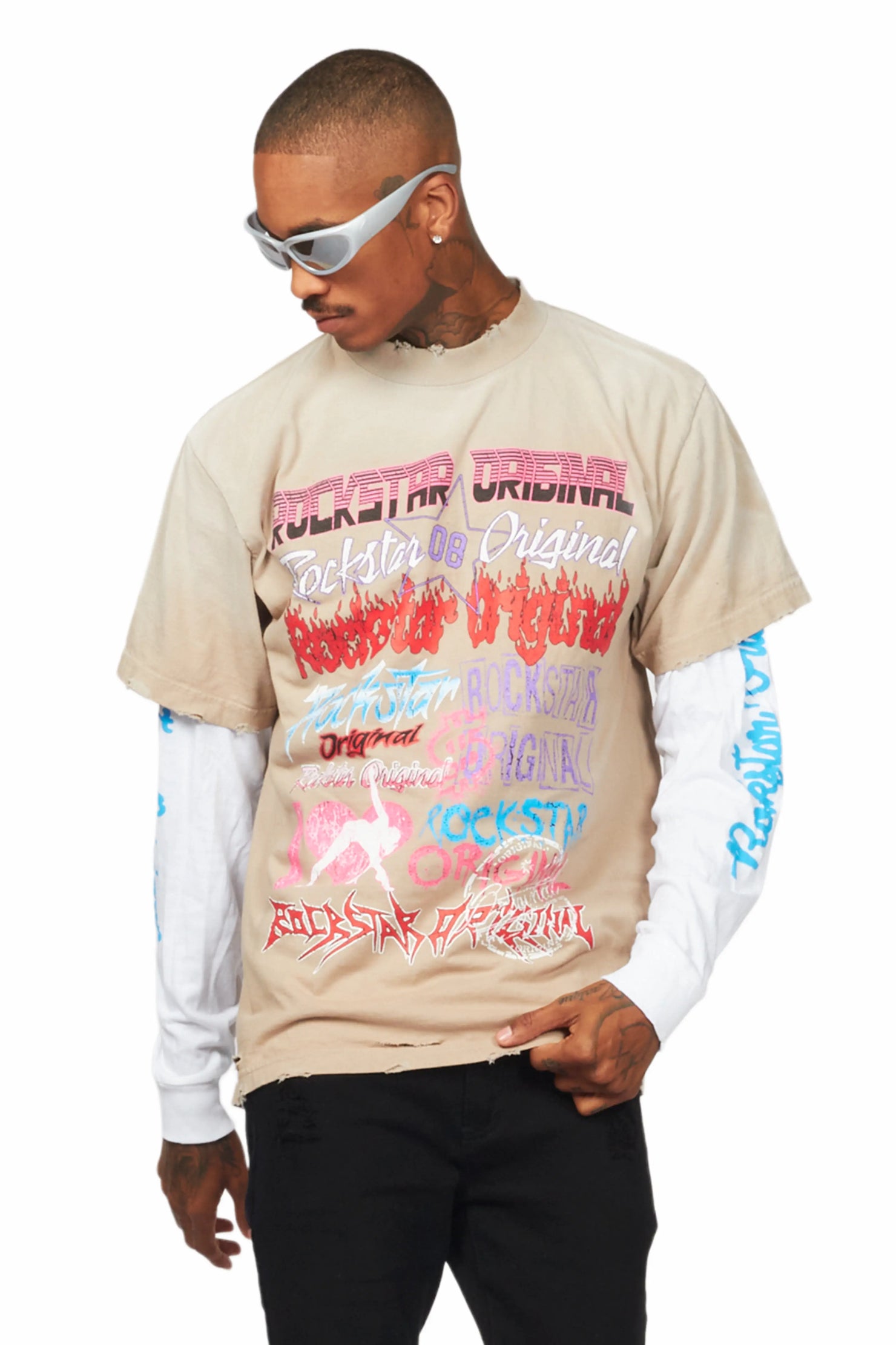 Floridabolous Beige/White Double Layer Long Sleeve Graphic T-Shirt