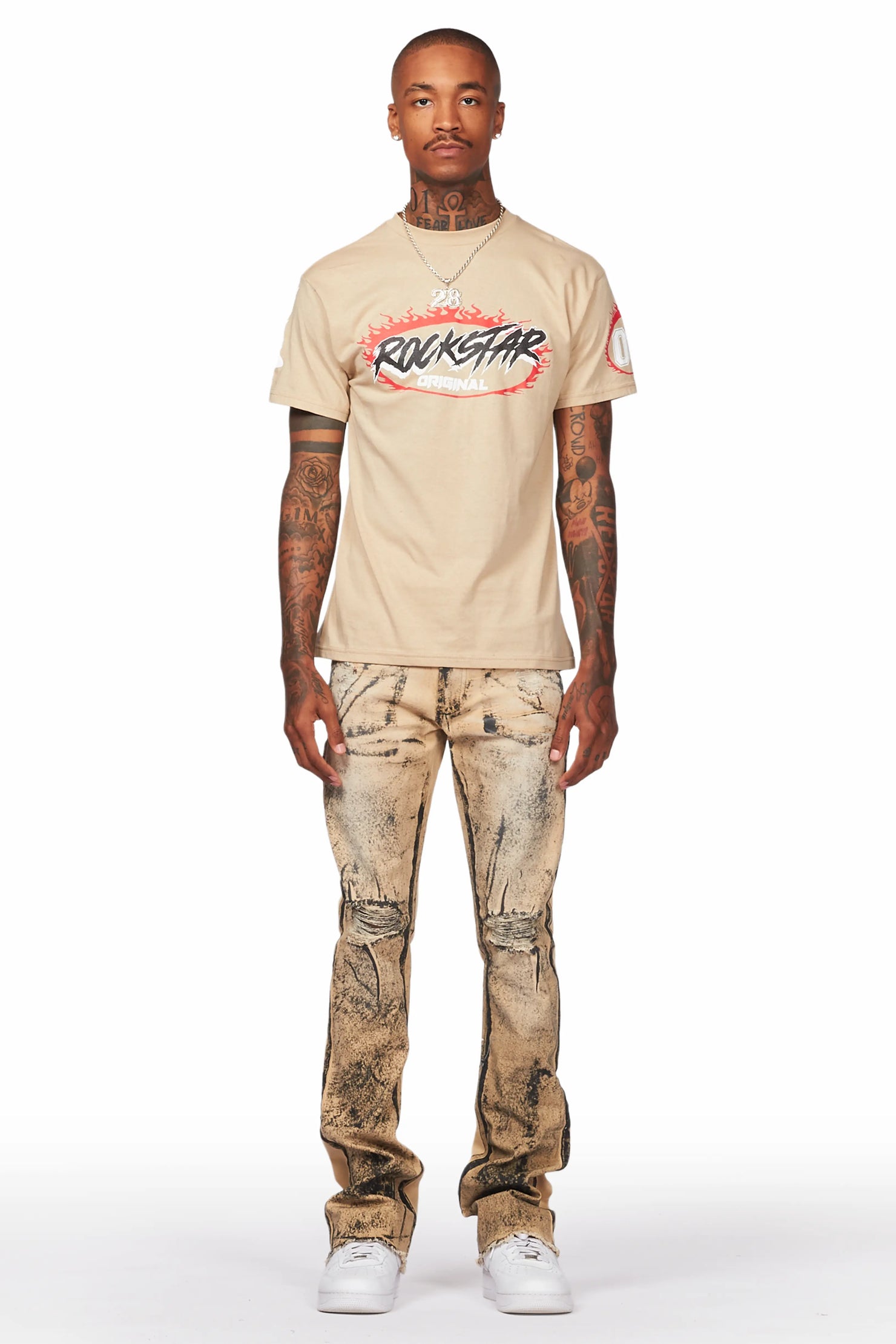 Reki Beige Painter Stacked Flare Jean