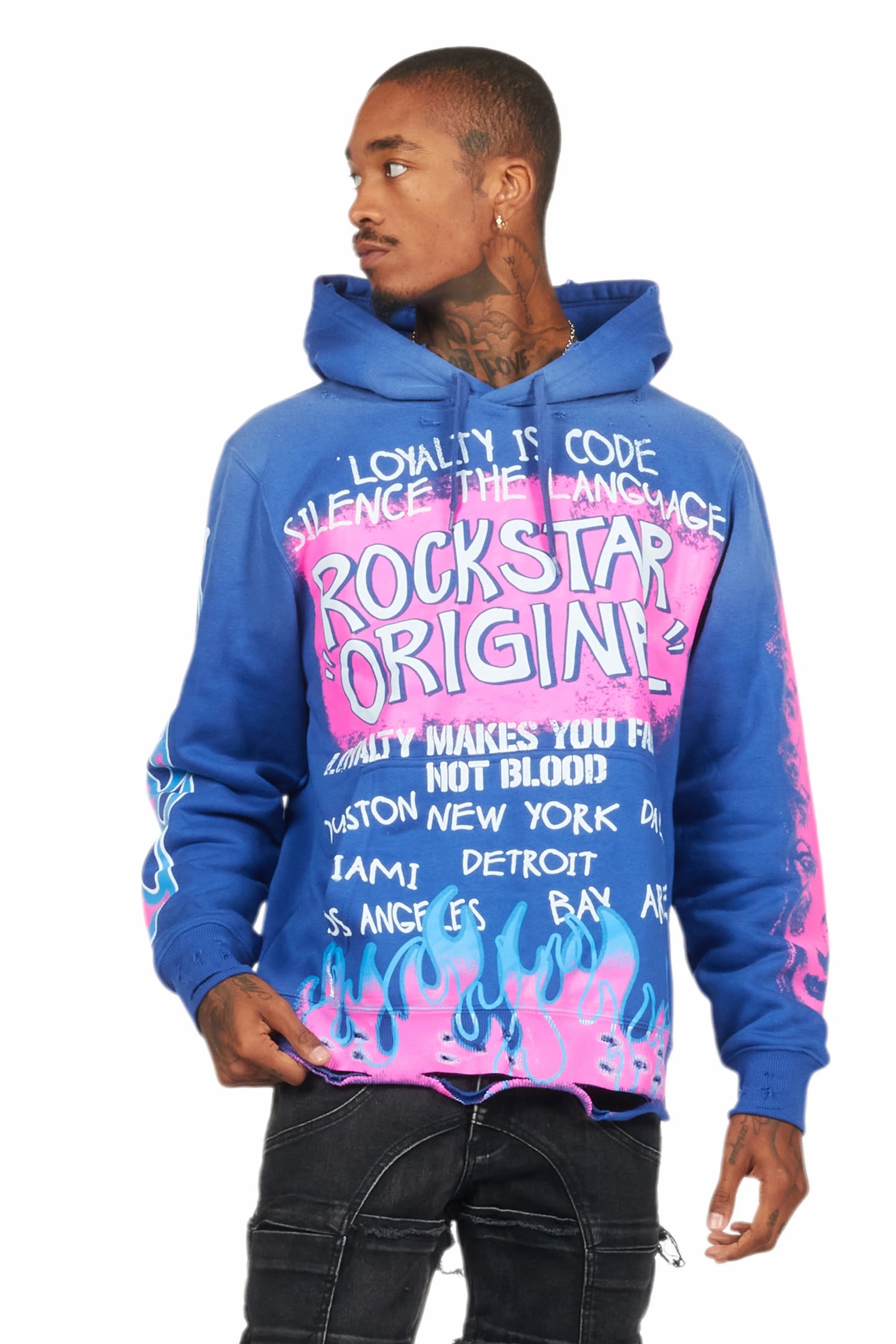 Beno Royal Blue Distressed Graphic Hoodie