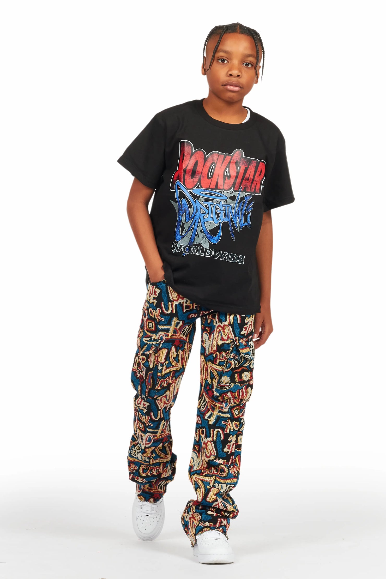 Boys Tyrell Blue Multi Tapestry Stacked Flare Jean