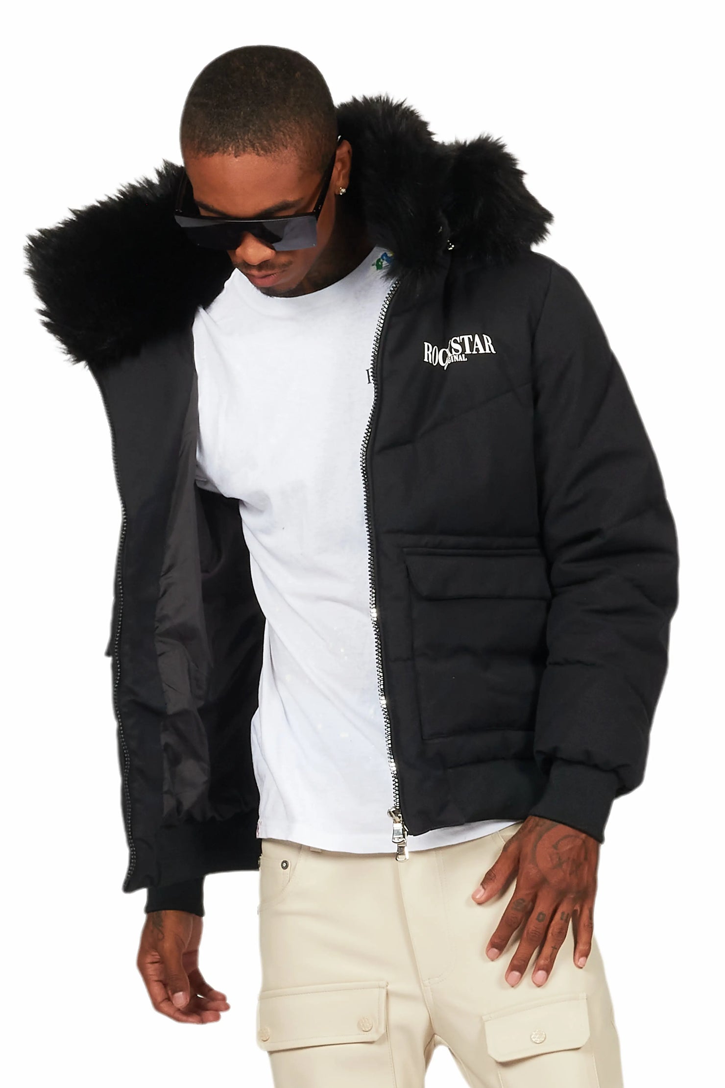 Langston Black Puffer Jacket with Fur Hood