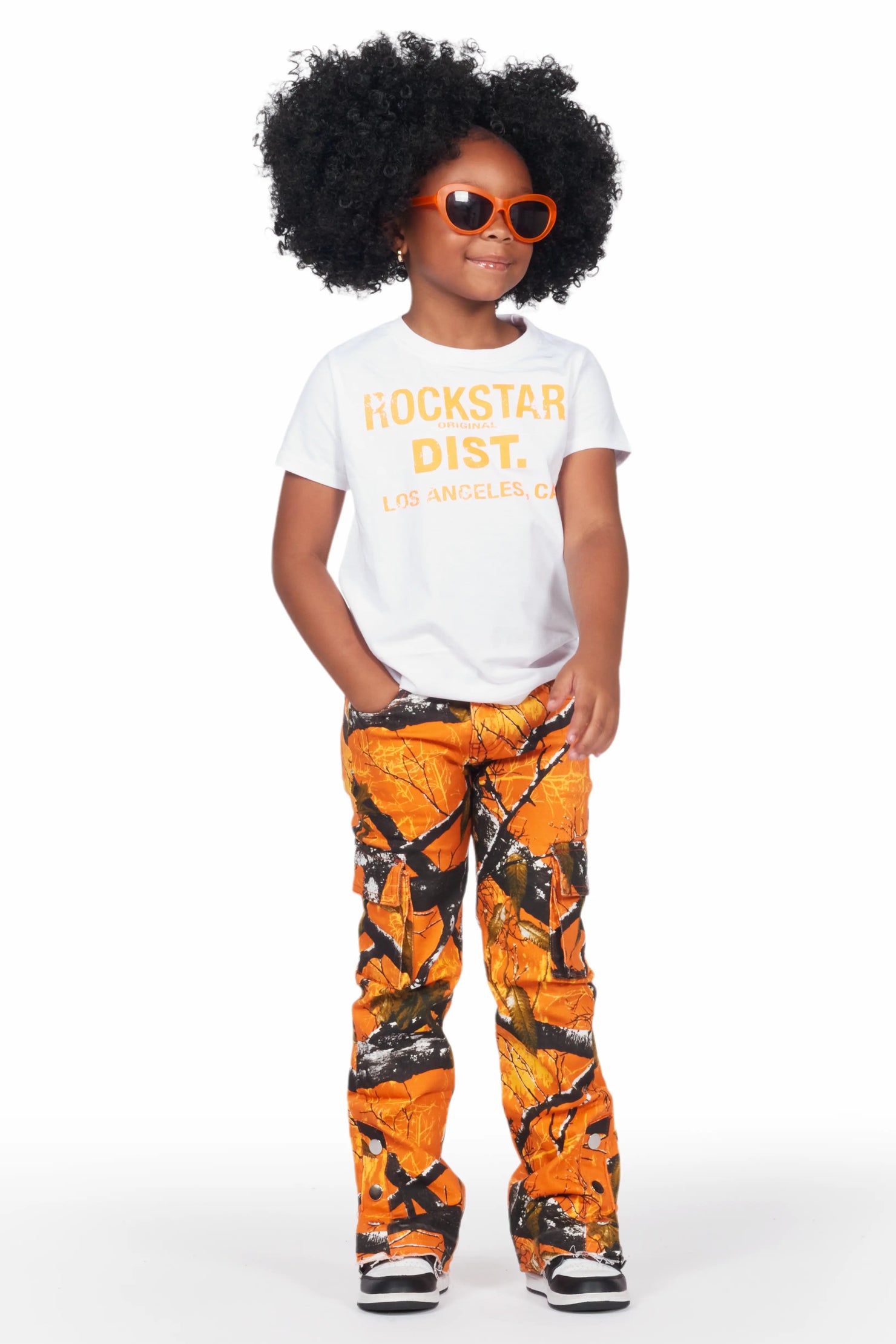 Girls Kona White/Orange T-Shirt/Stacked Flare Jean Set