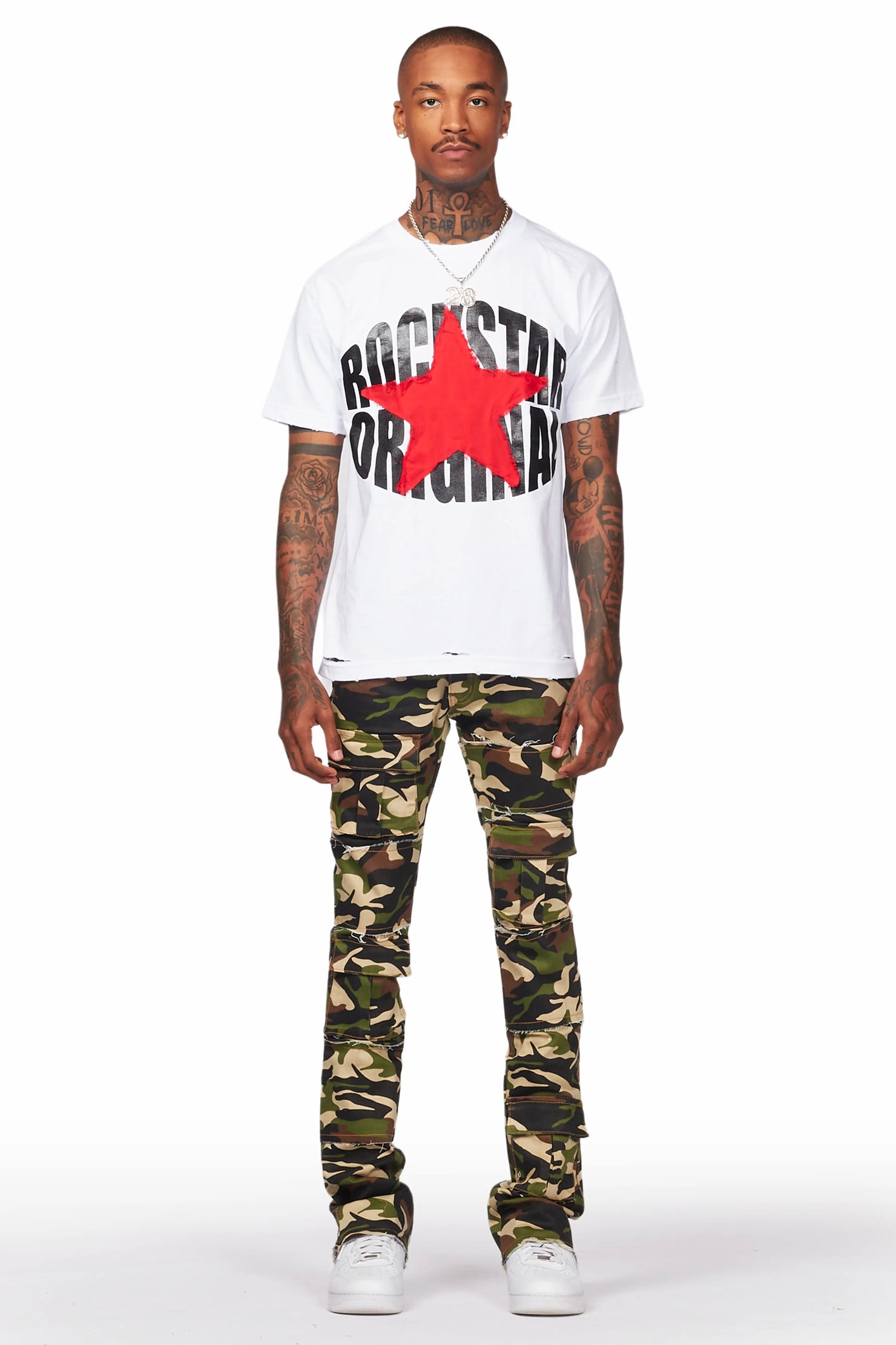 Duggar Green Camo Cargo Stacked Flare Jean