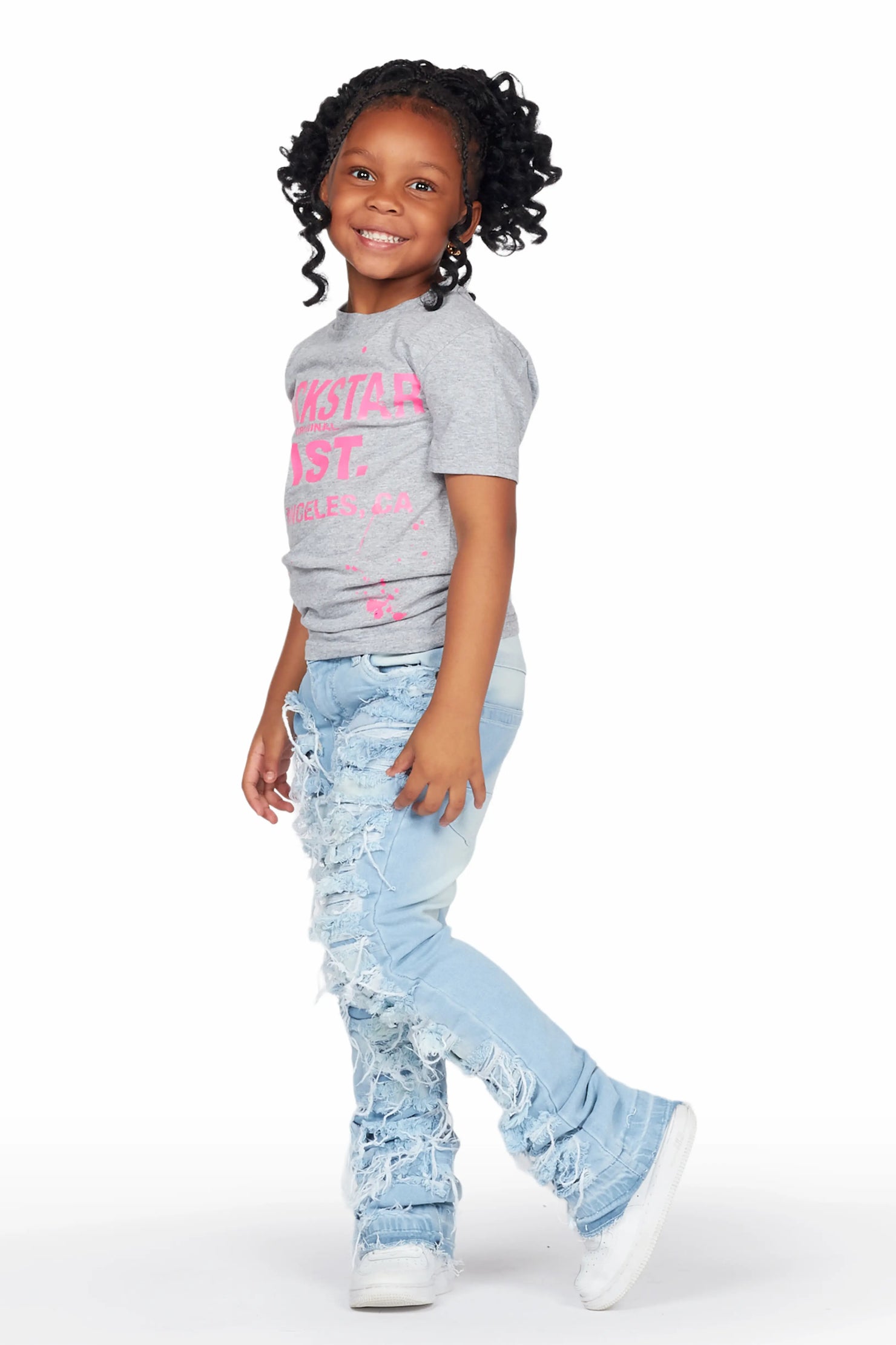 Girls Genie Grey/Blue T-Shirt/Stacked Flare Jean Set