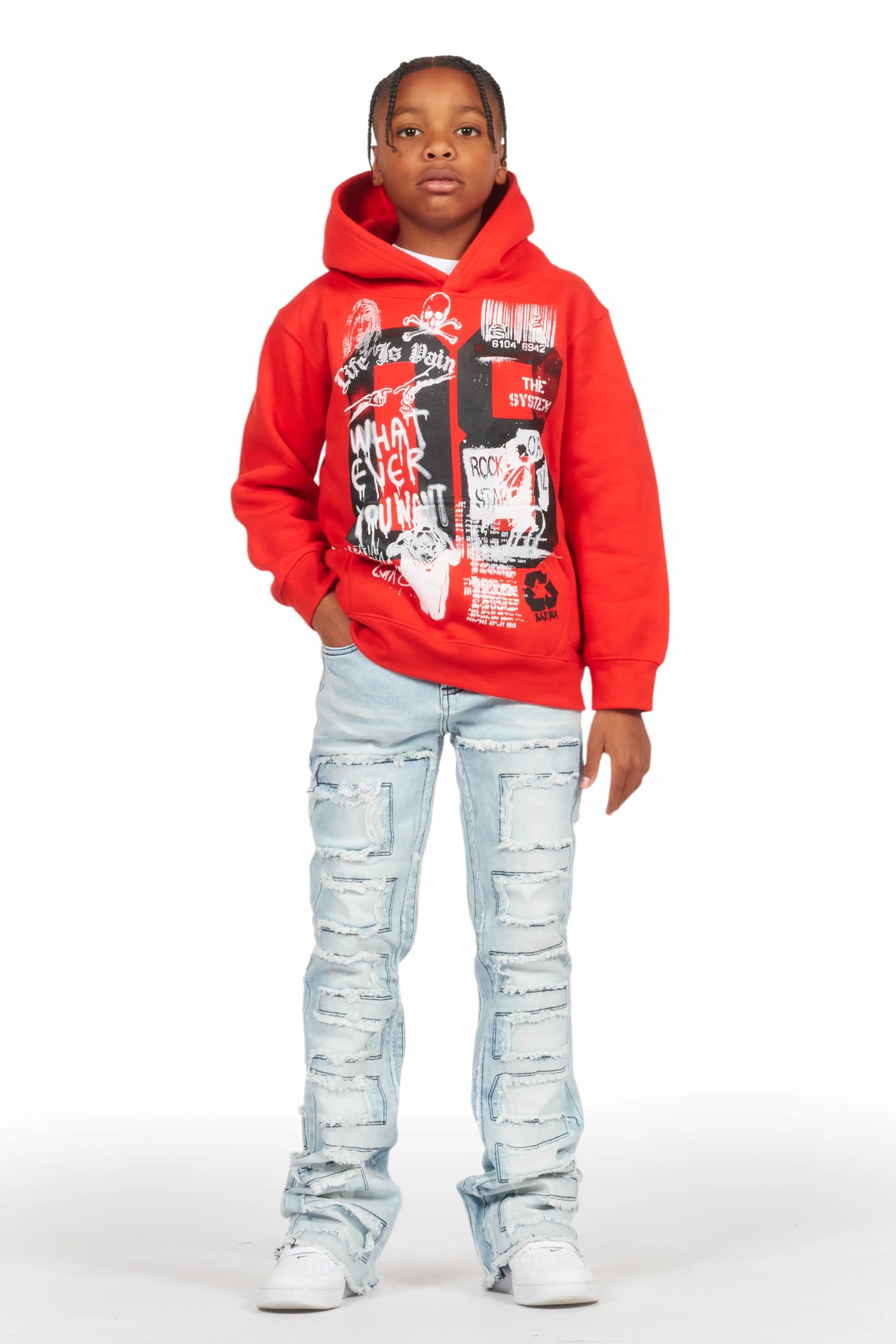 Boys Beau Red/Blue Hoodie/Stacked Flare Jean Set