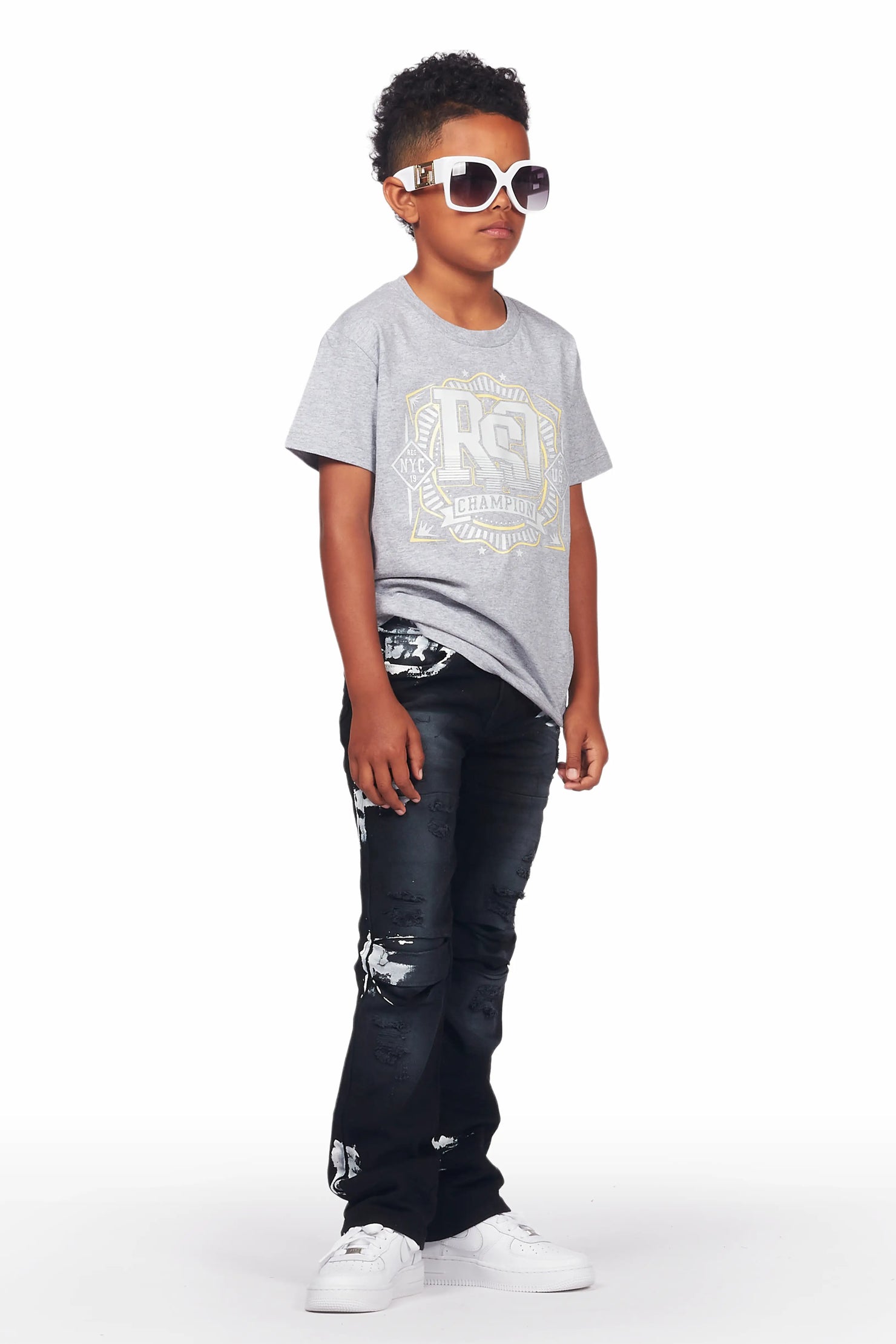 Boys Kane Black Painter Stacked Flare Jean