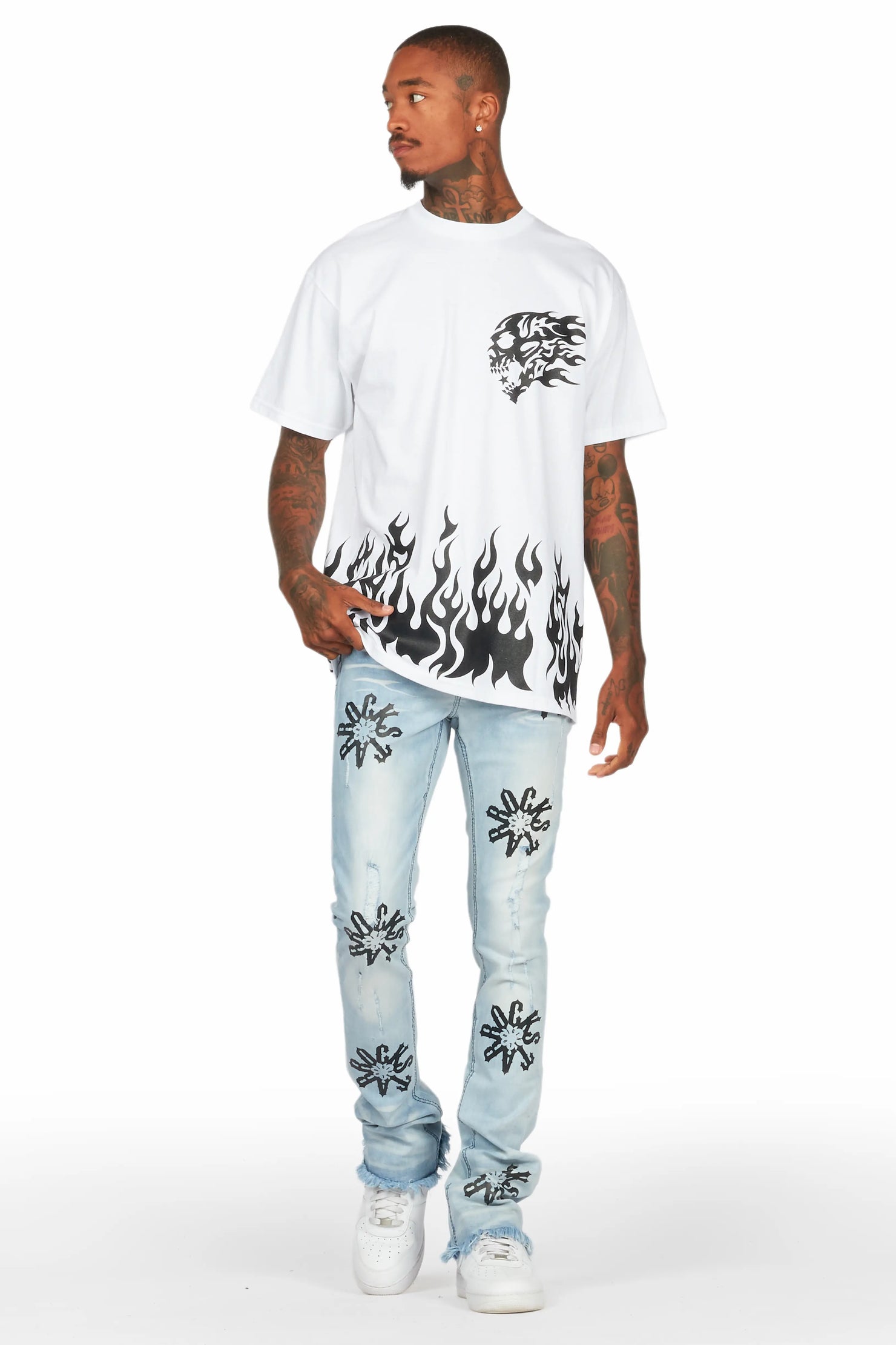 Neige Blue/ Black Graphic Stacked Flare Jean