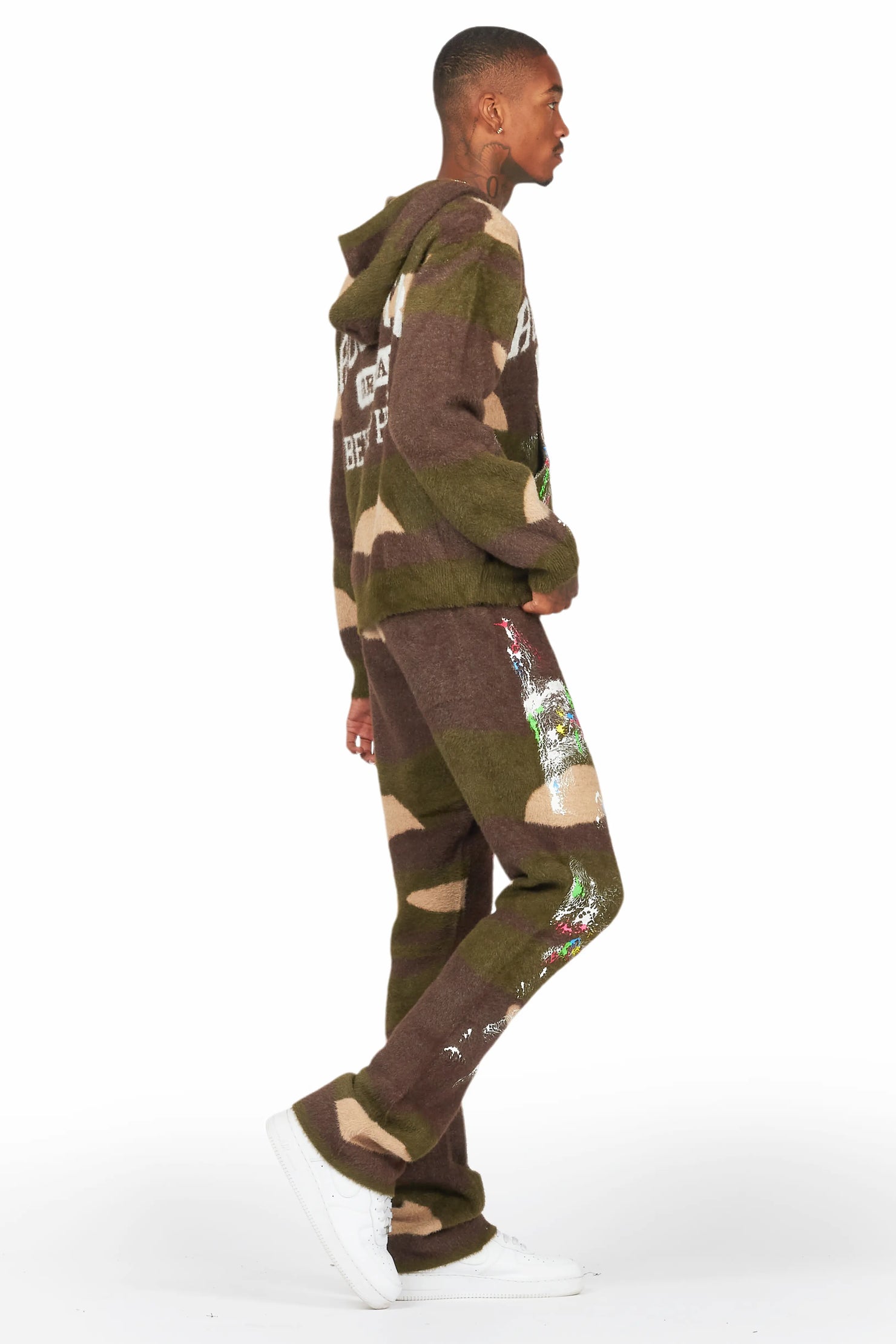 Rasul Green Camo Stacked Flare Knitted Mohair Track Set