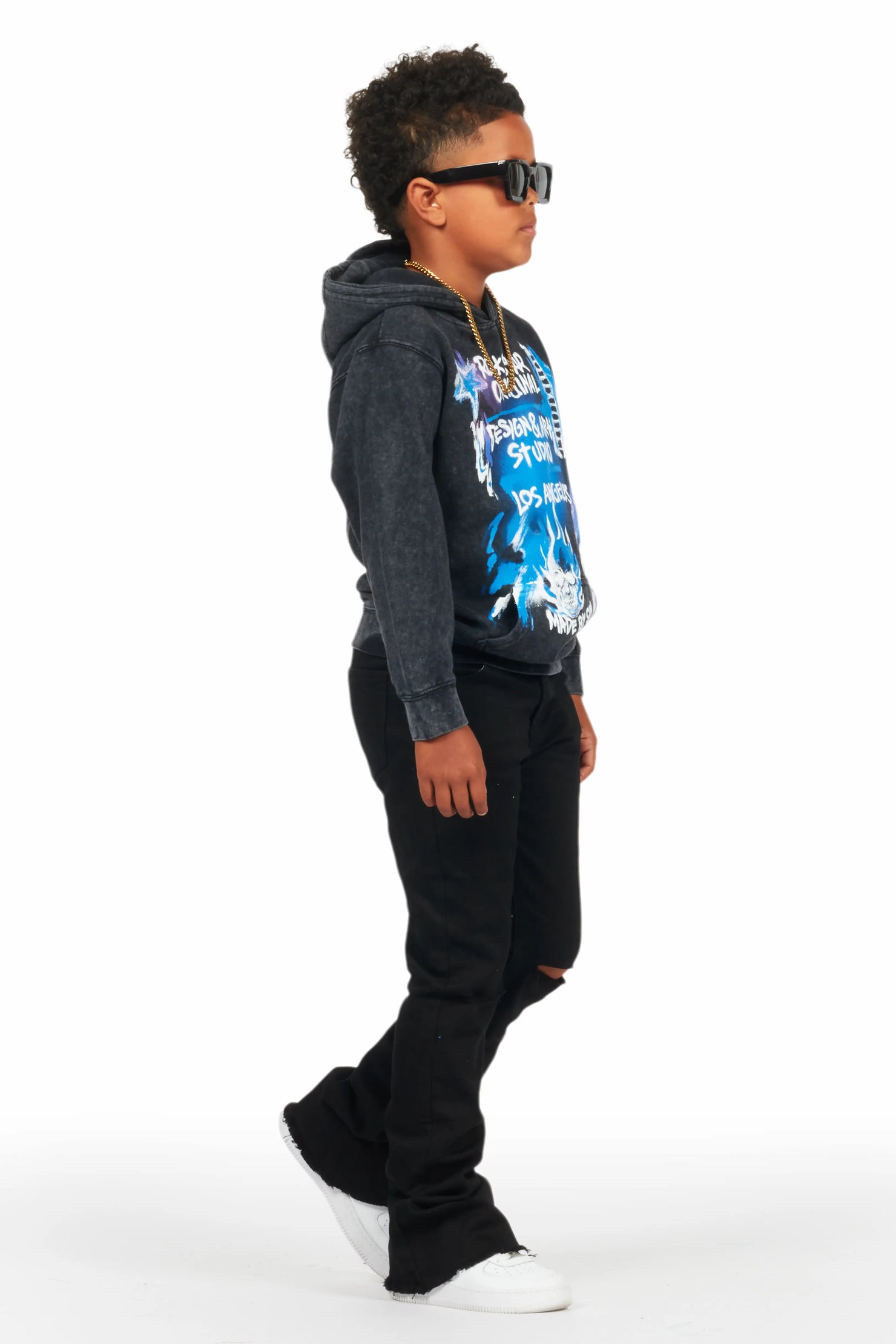 Boys Soweto Vintage Black Hoodie/Stacked Flare Jean Set